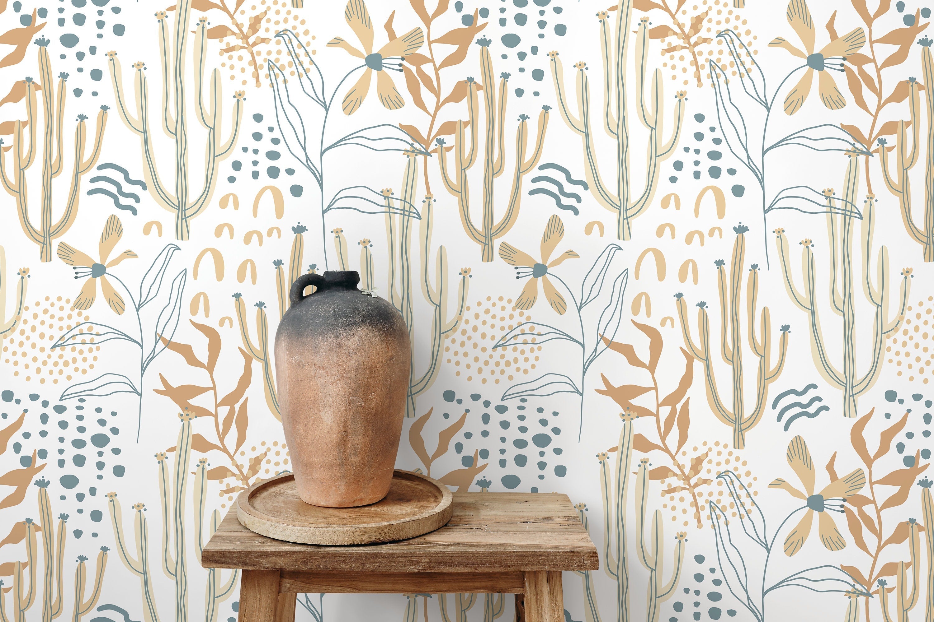 Boho Wallpaper With Cactus And Floral Art In Teal, Tan, And Orange - D314