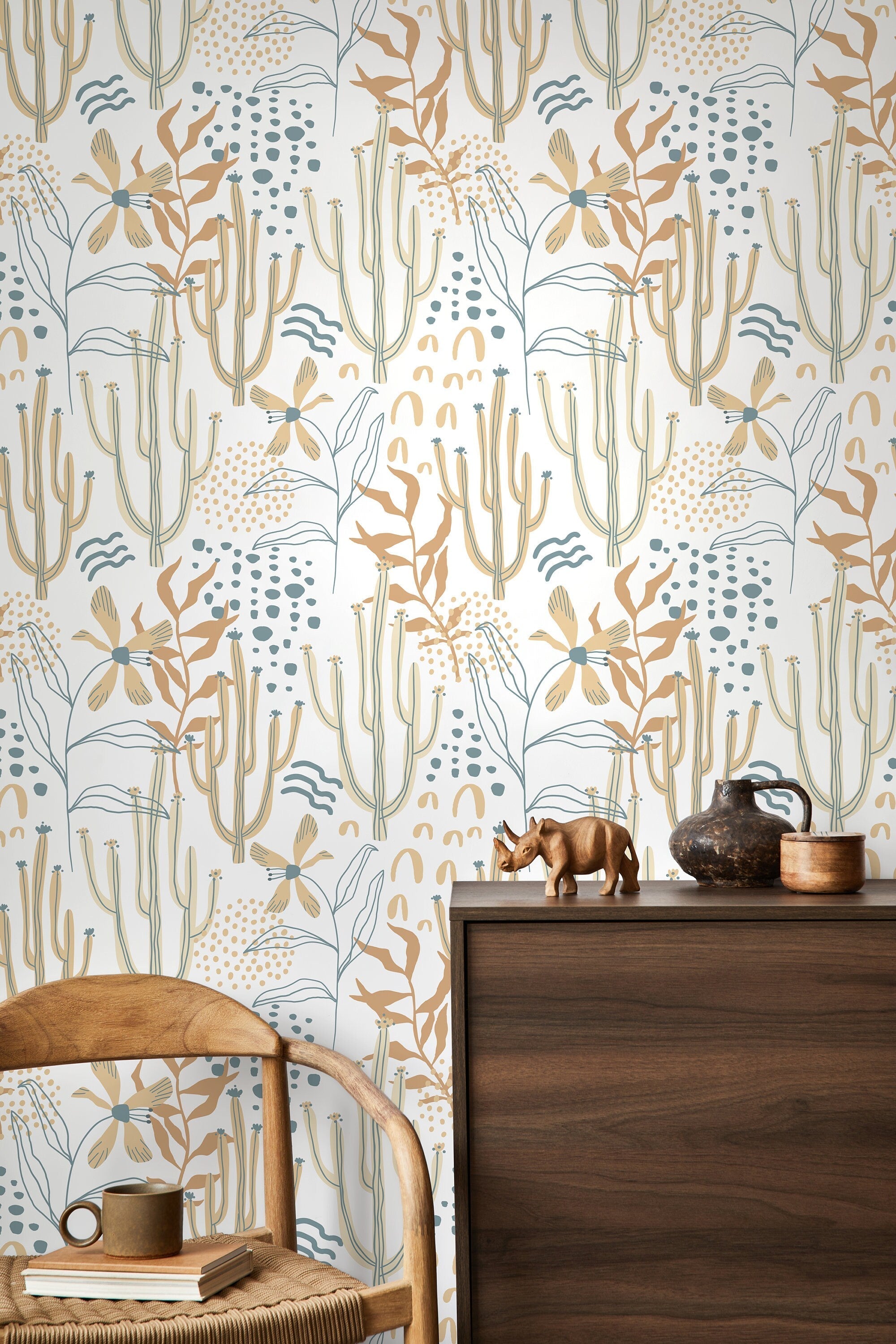 Boho Wallpaper With Cactus And Floral Art In Teal, Tan, And Orange - D314