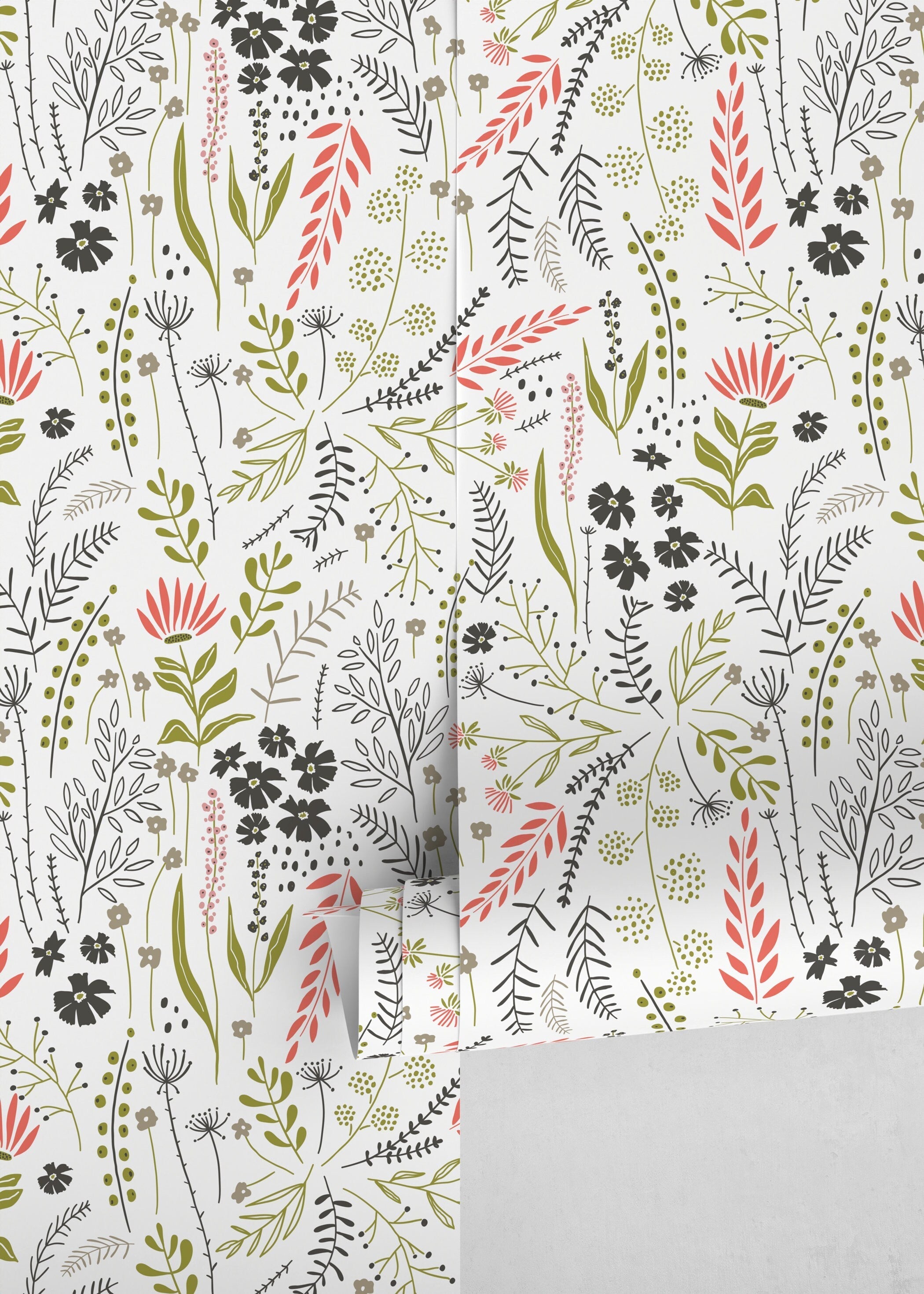 Botanical Wallpaper With A Hand-drawn Wildflower Motif In Green, Red, And Black - D318