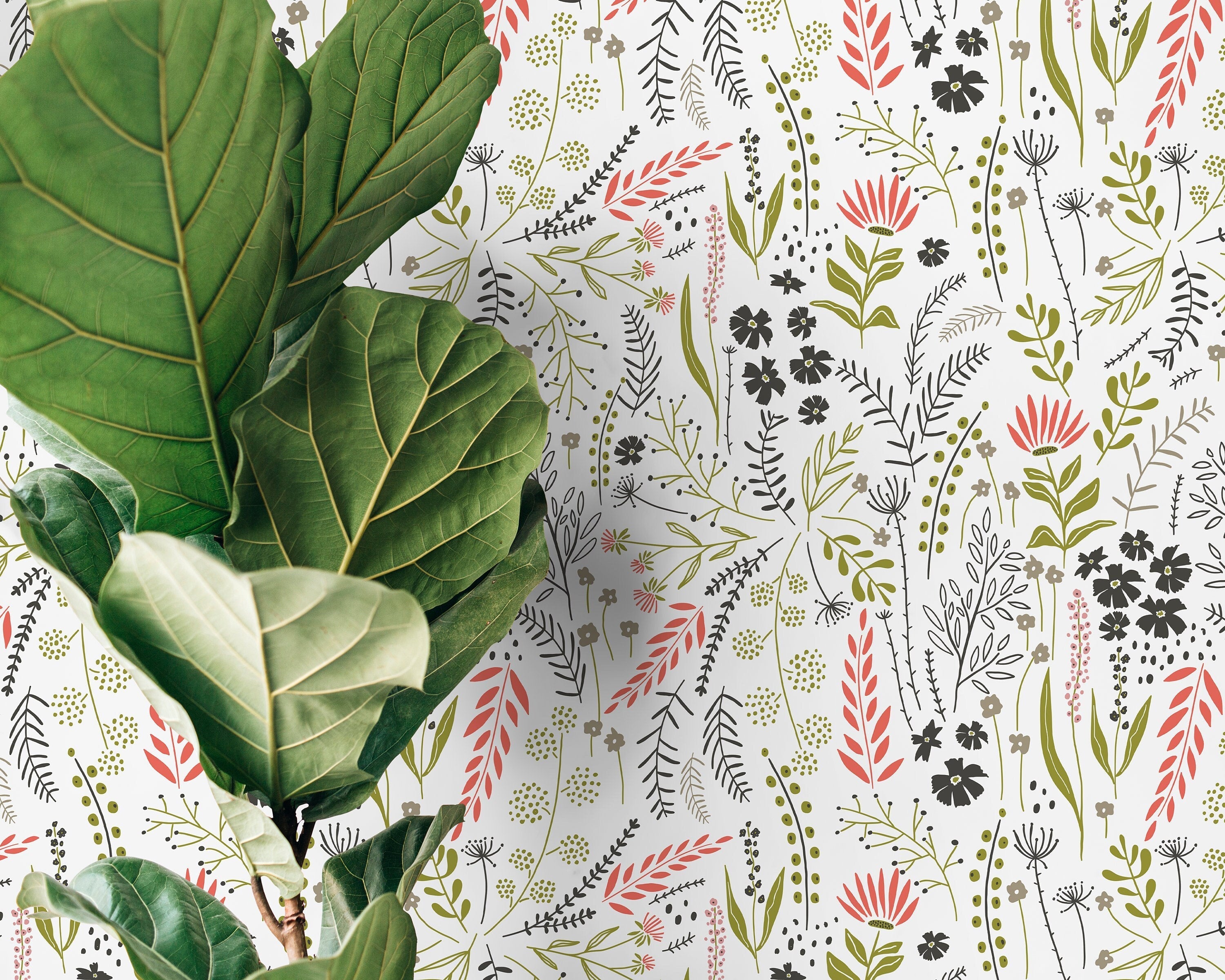 Botanical Wallpaper With A Hand-drawn Wildflower Motif In Green, Red, And Black - D318