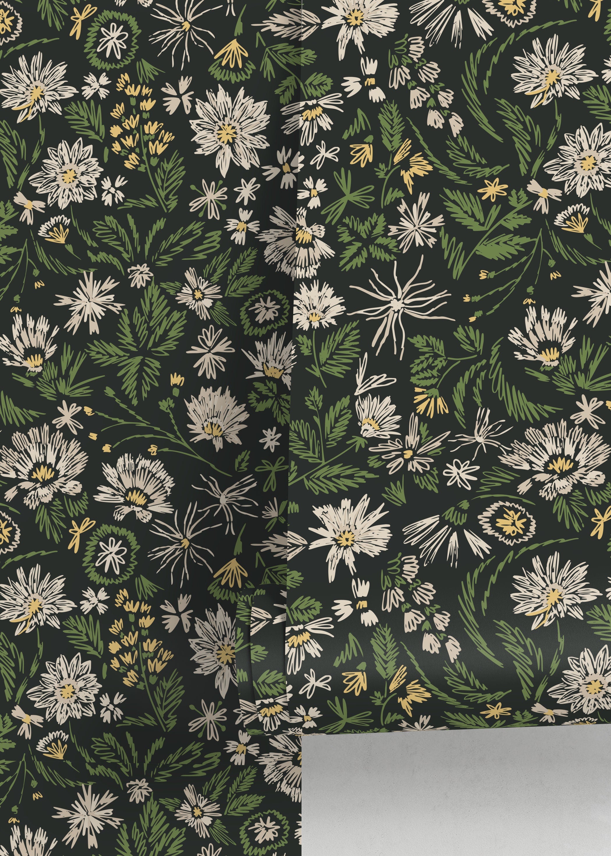 Botanical Wallpaper With Sketchy Wildflowers In Green, Cream, And Yellow - D319