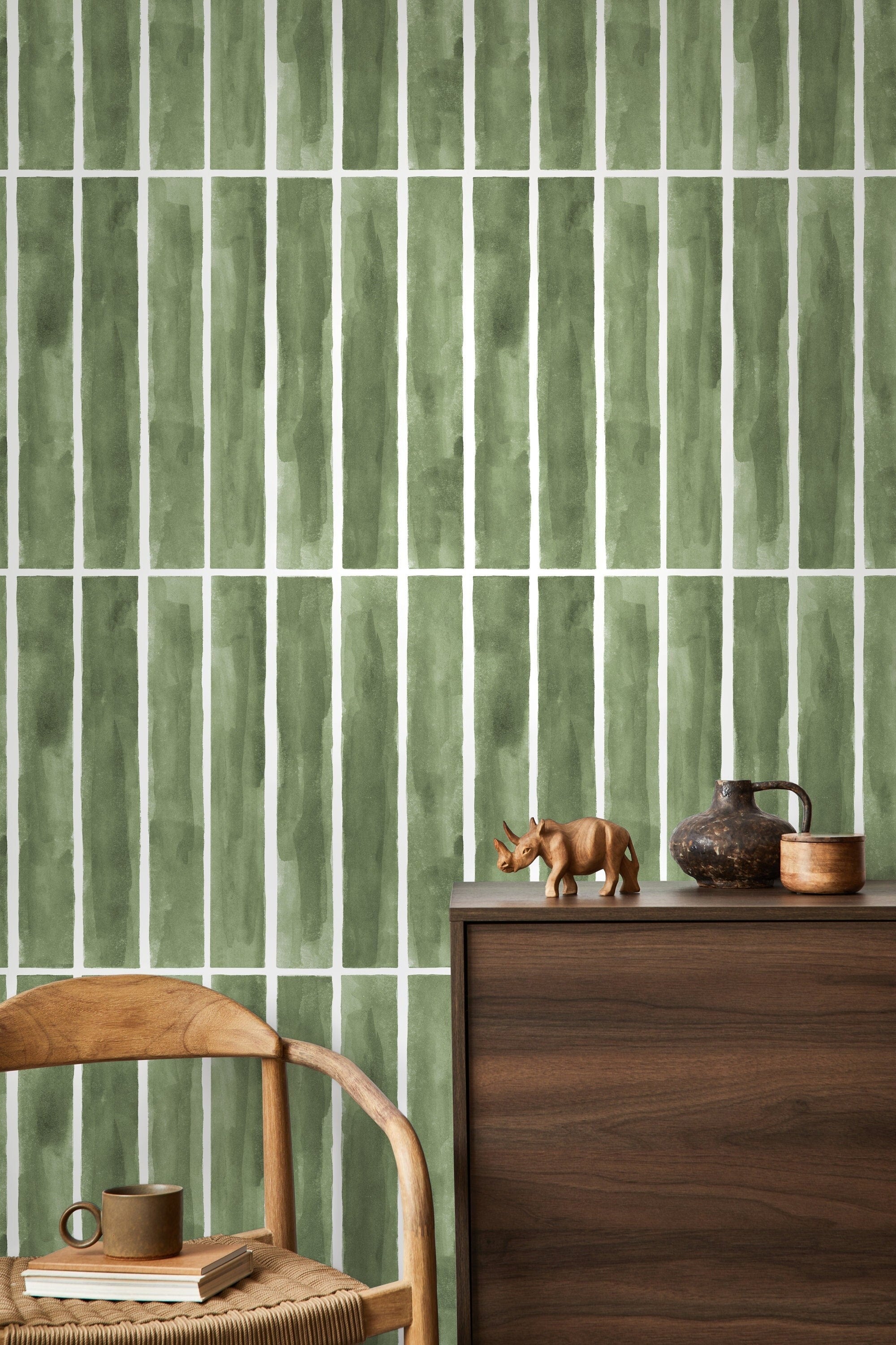 Geometric Wallpaper With A Watercolor Tile Motif In Green And White - D325