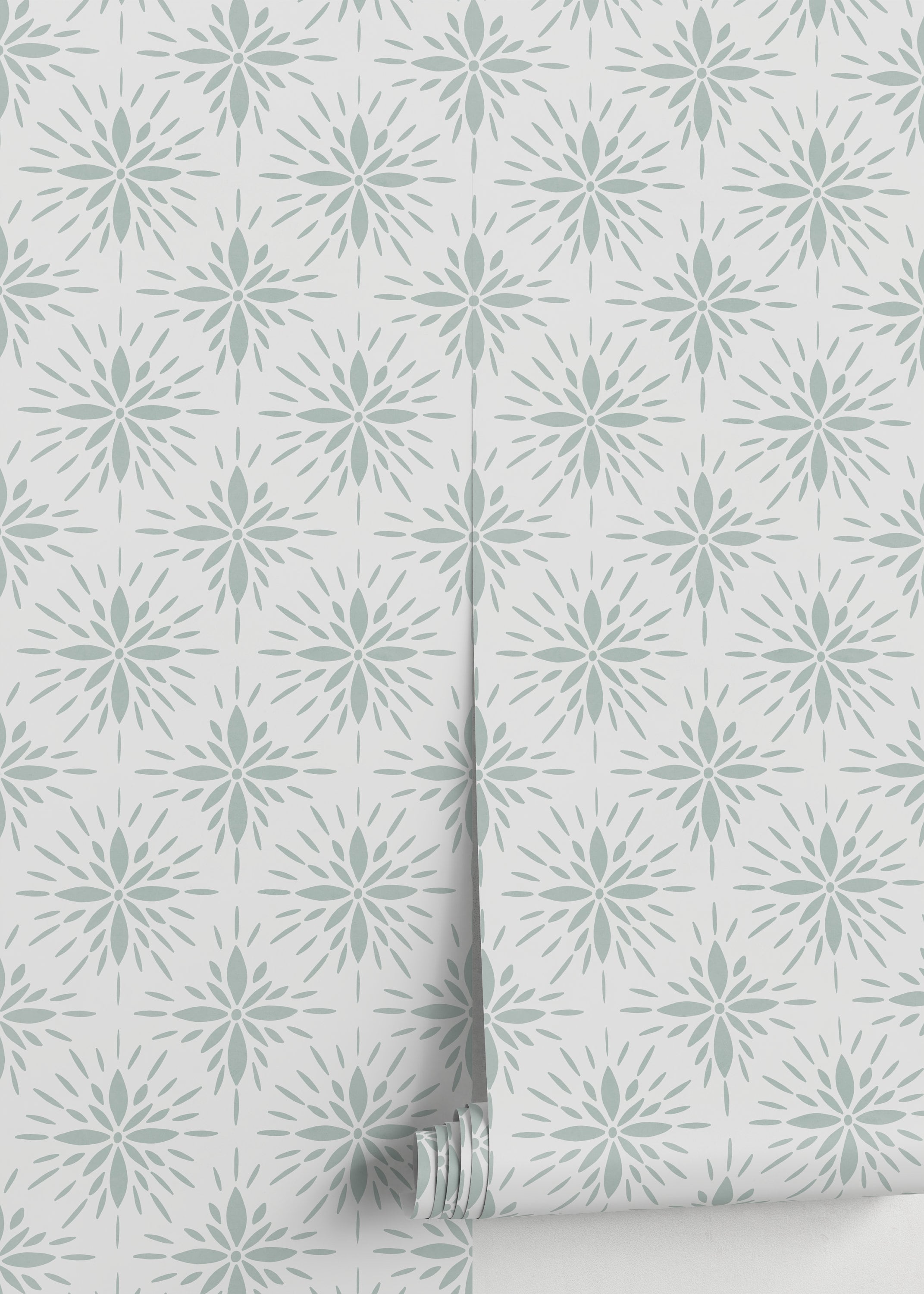 Tile Wallpaper With A Stylized Floral Medallion In Sage Green - D332