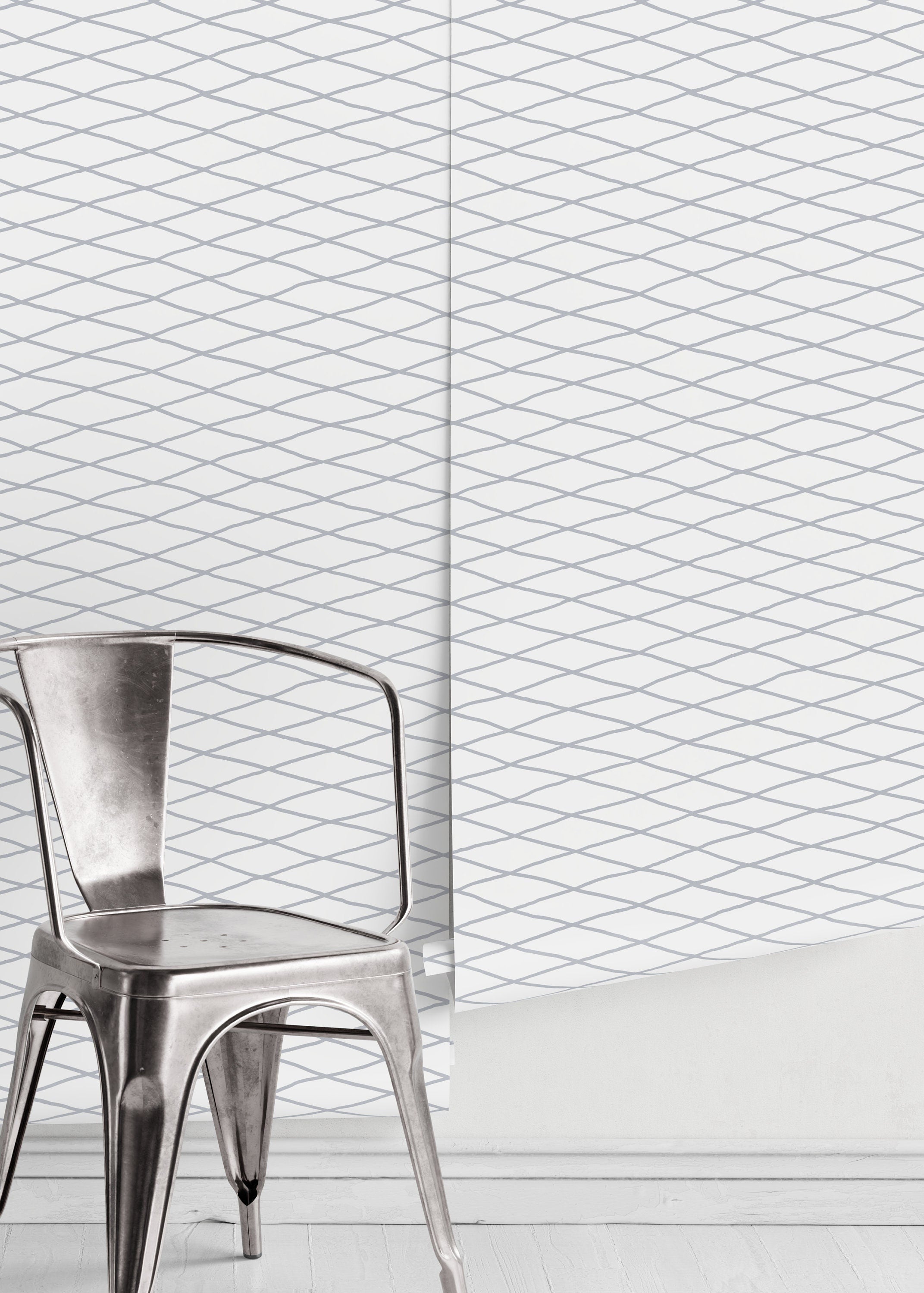 Geometric Wallpaper With A Hand-drawn Diamond Grid In Gray - D330