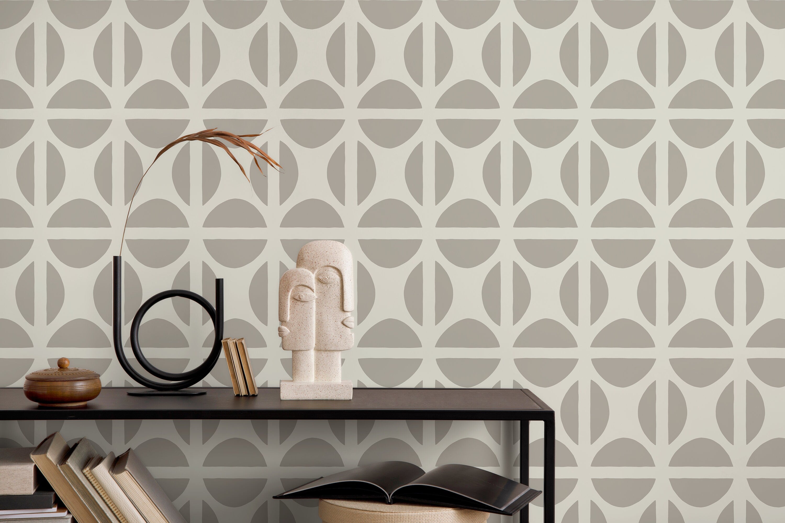 Geometric Wallpaper With A Modern Circle Grid In Beige And Taupe - D333