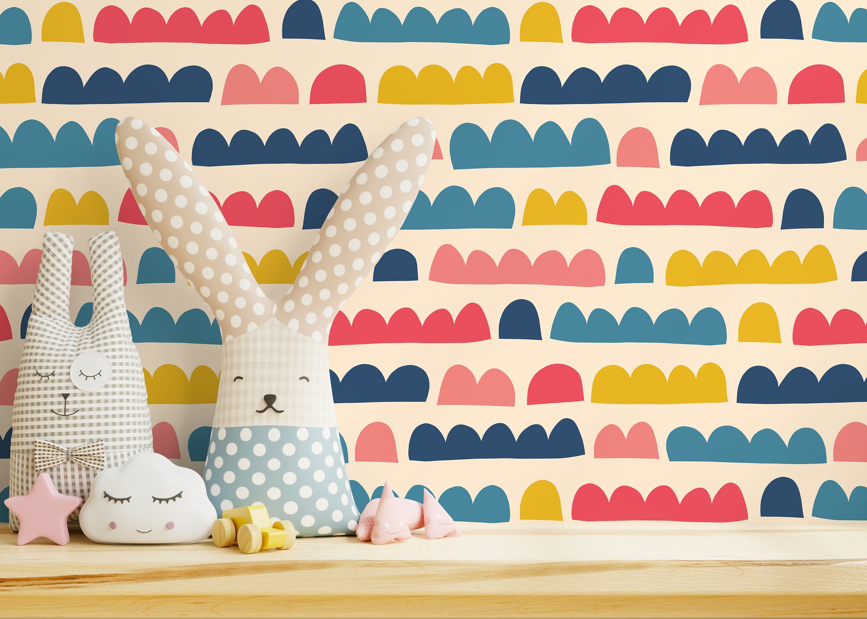 Abstract Wallpaper With Colorful Scalloped Shapes In Blue, Red, And Yellow - D338