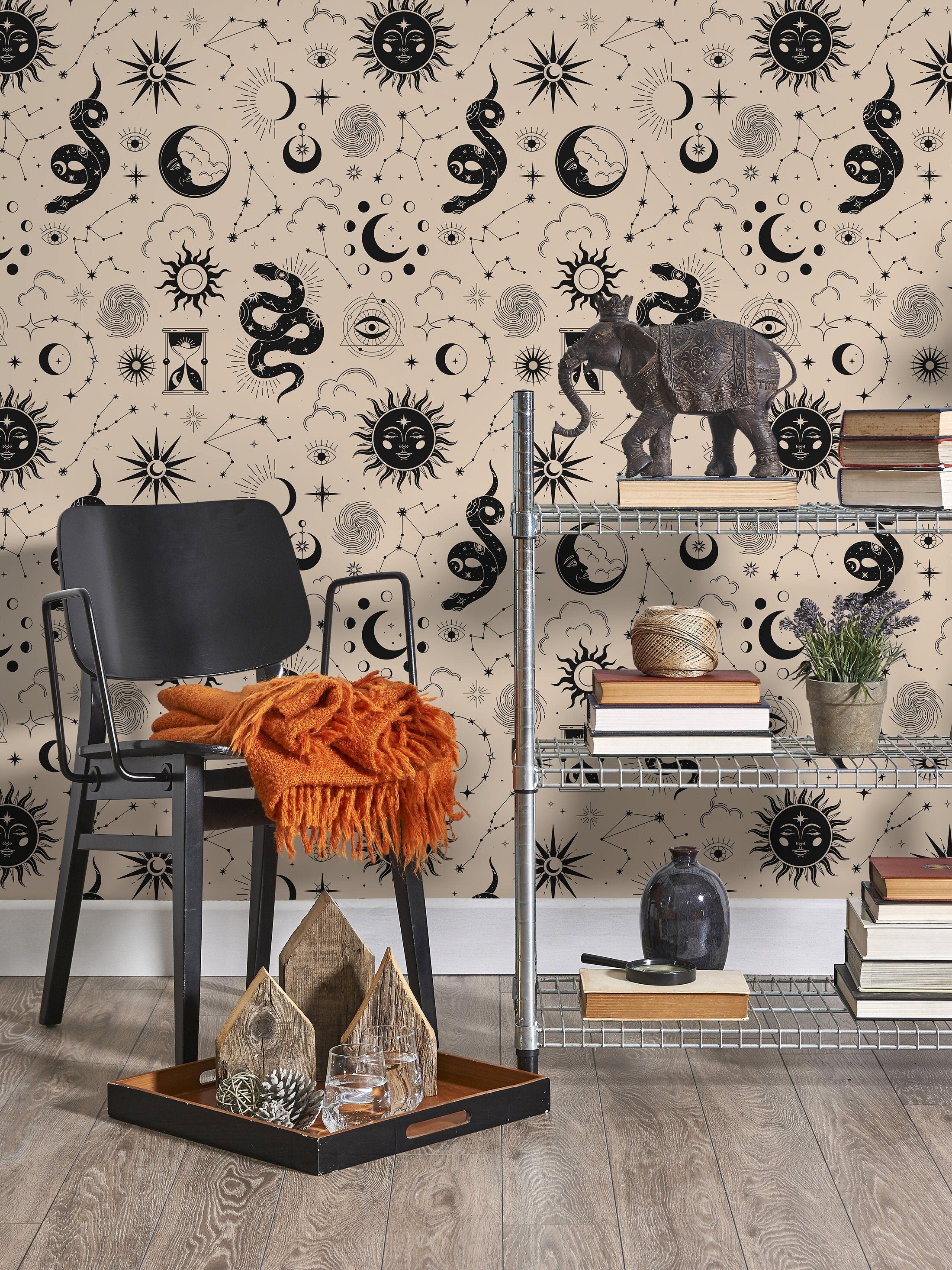 Celestial Wallpaper With Suns, Moons, And Snakes In Black And Beige - D343
