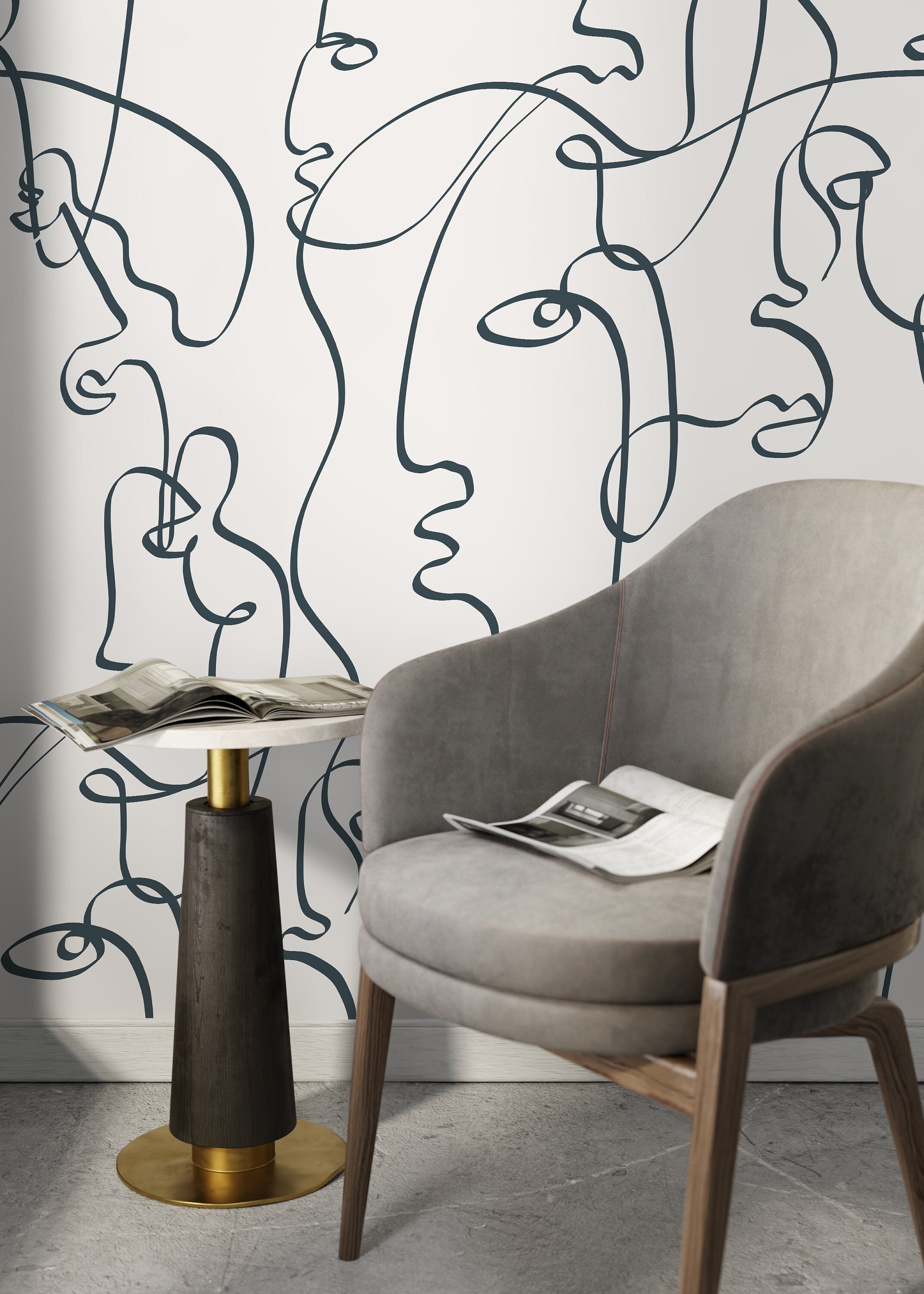 Abstract Wallpaper Featuring Minimalist Face Line Art In Dark Blue - D363