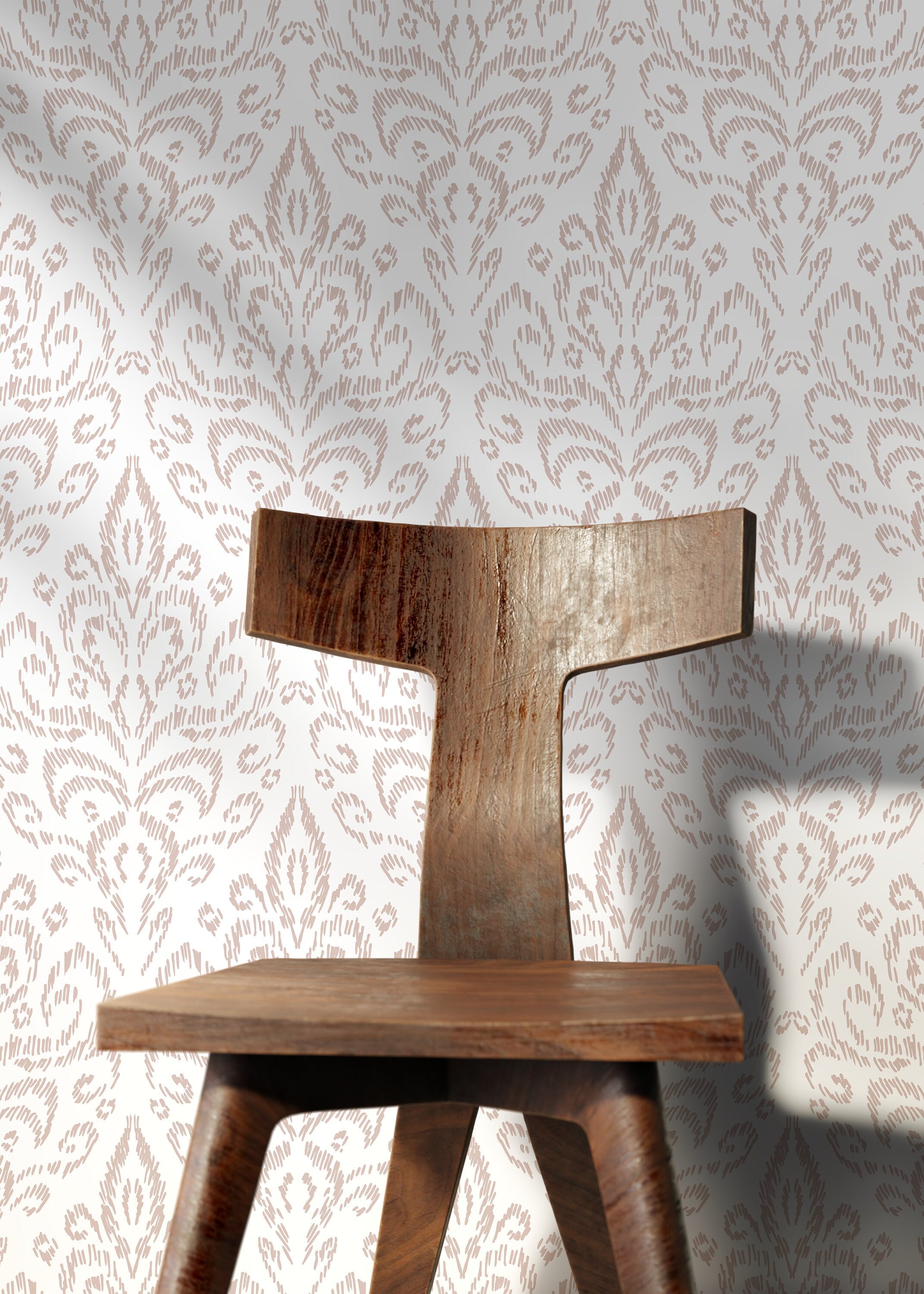Ikat Damask Wallpaper With A Sketched Motif In Neutral Beige - D357