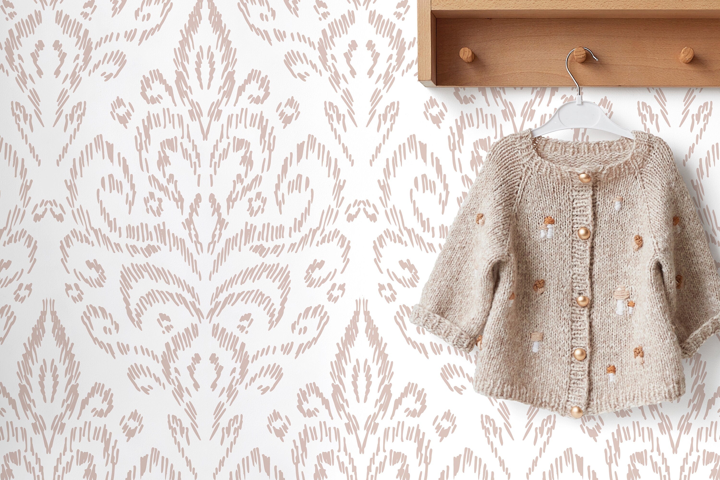 Ikat Damask Wallpaper With A Sketched Motif In Neutral Beige - D357