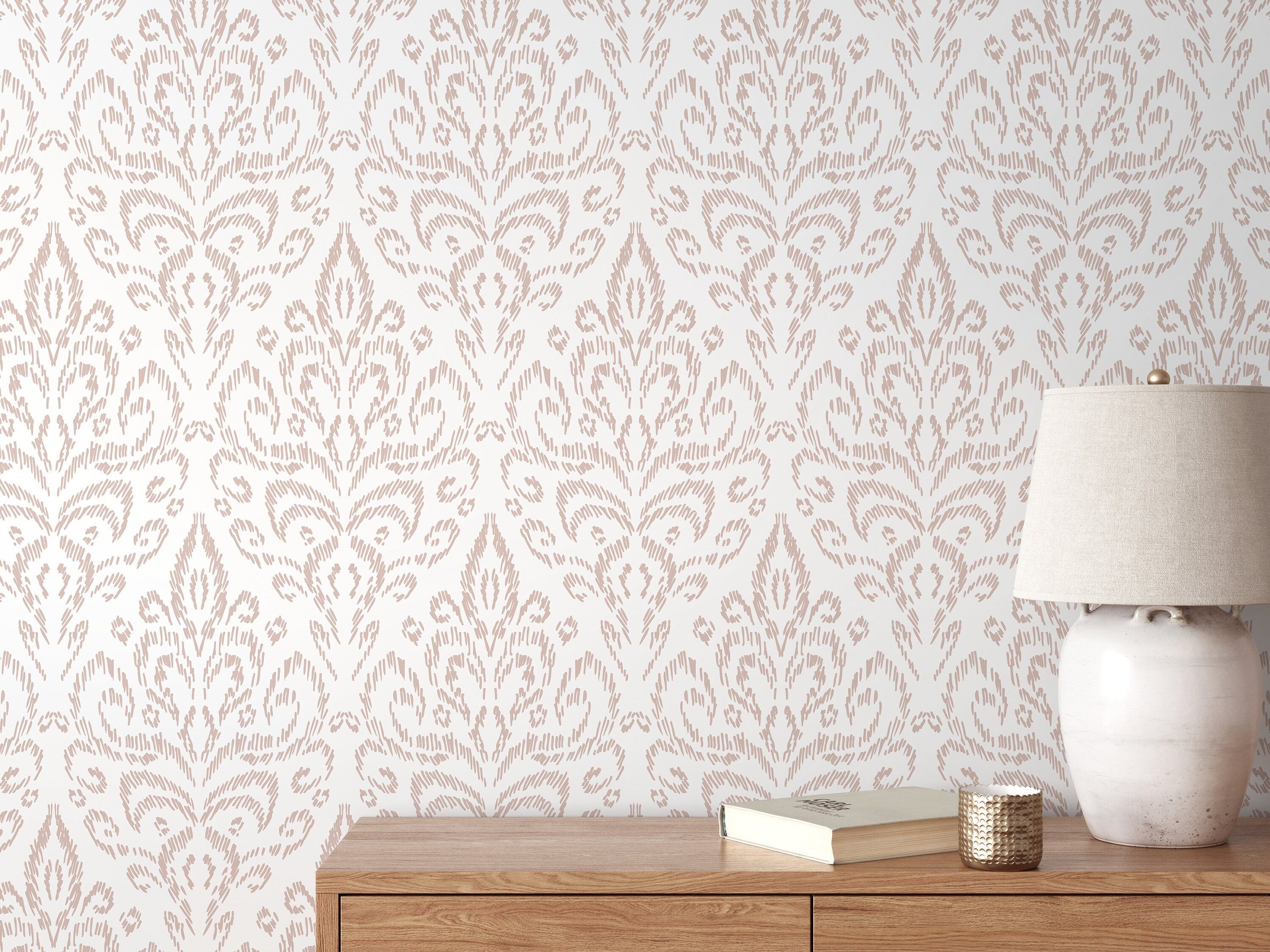 Ikat Damask Wallpaper With A Sketched Motif In Neutral Beige - D357