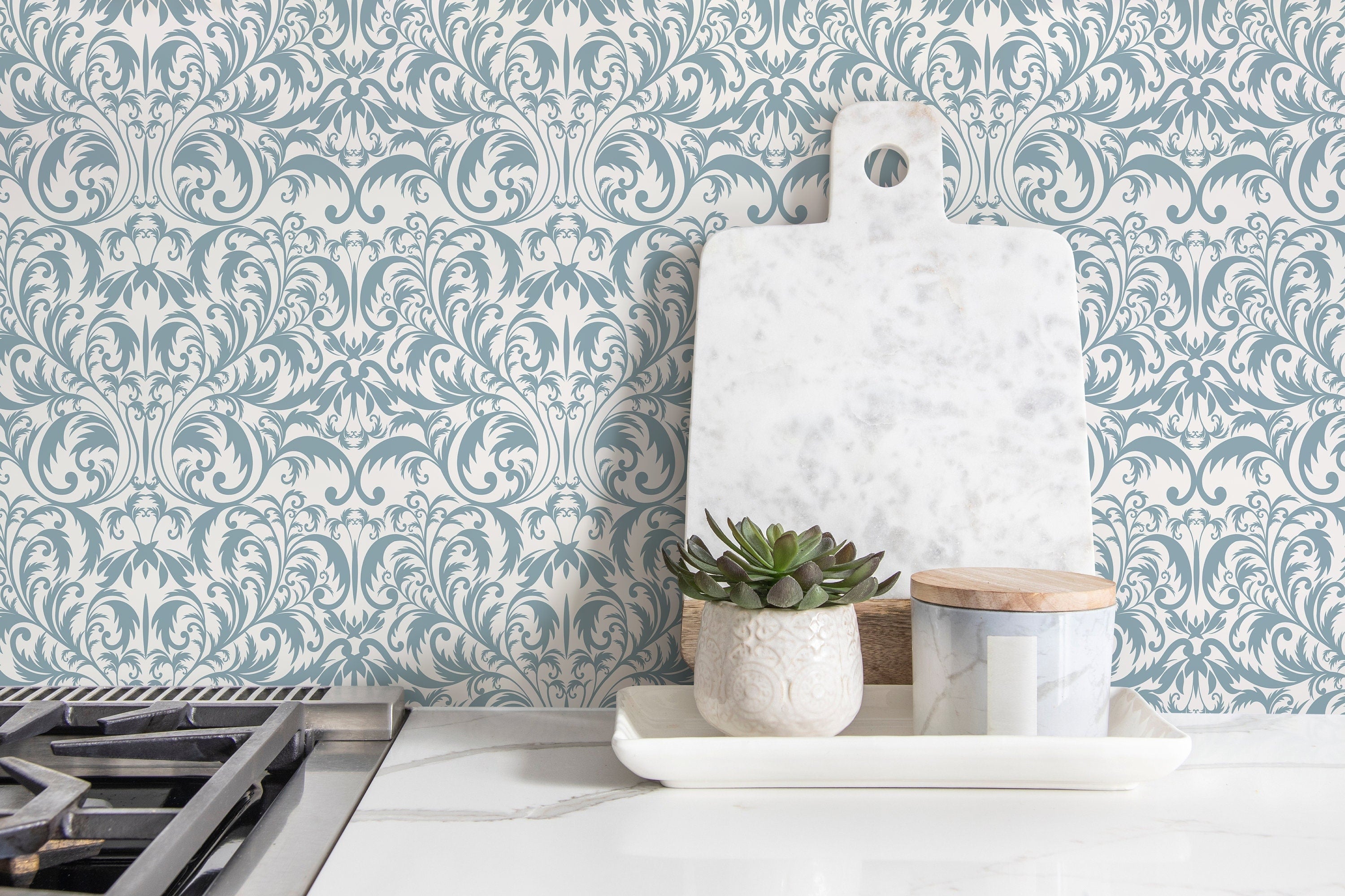 Victorian Wallpaper With An Elegant Damask Motif In Light Blue And Off-white - D365