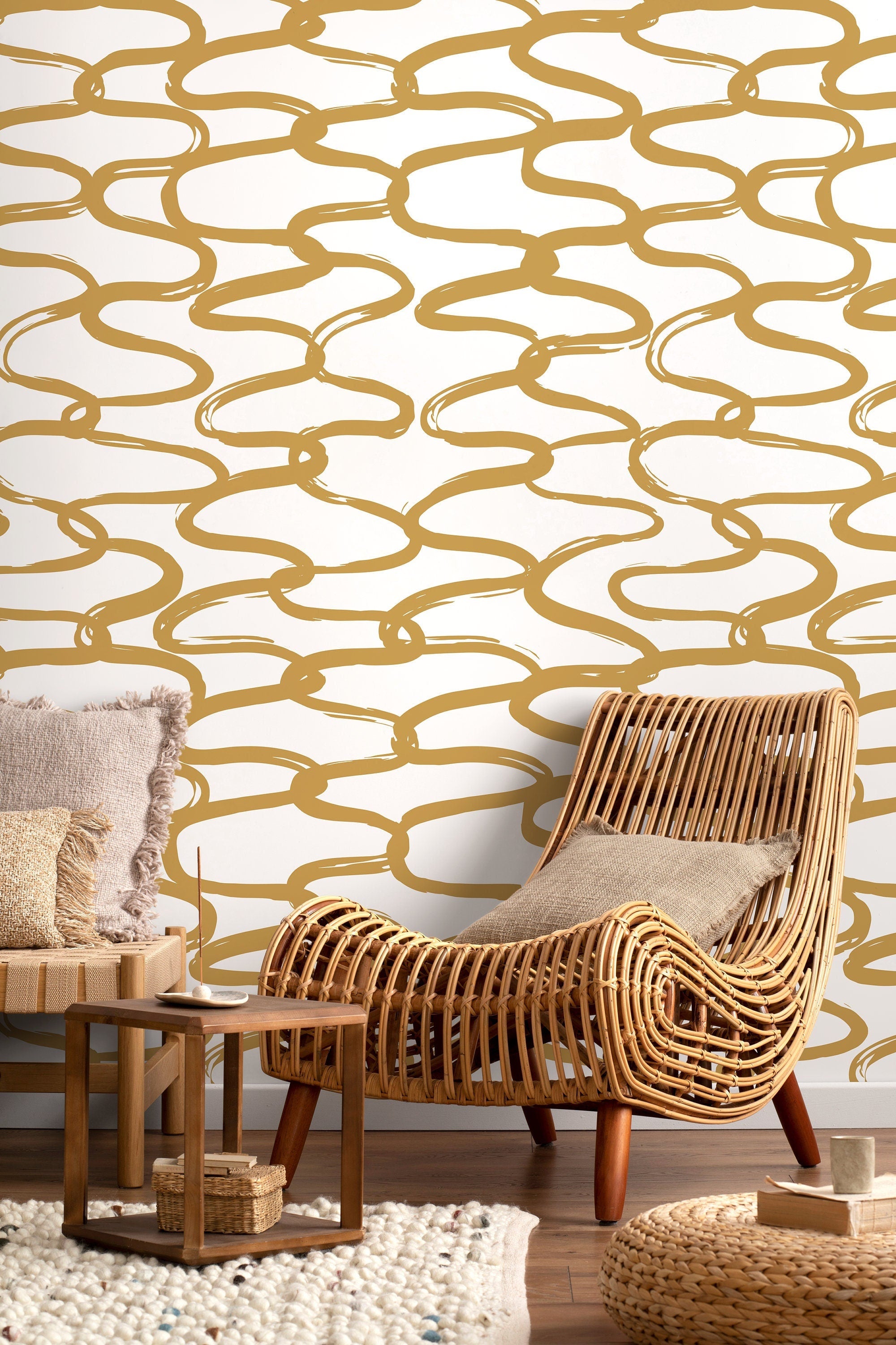 Abstract Wallpaper With Wavy Brush Strokes In Gold - D349