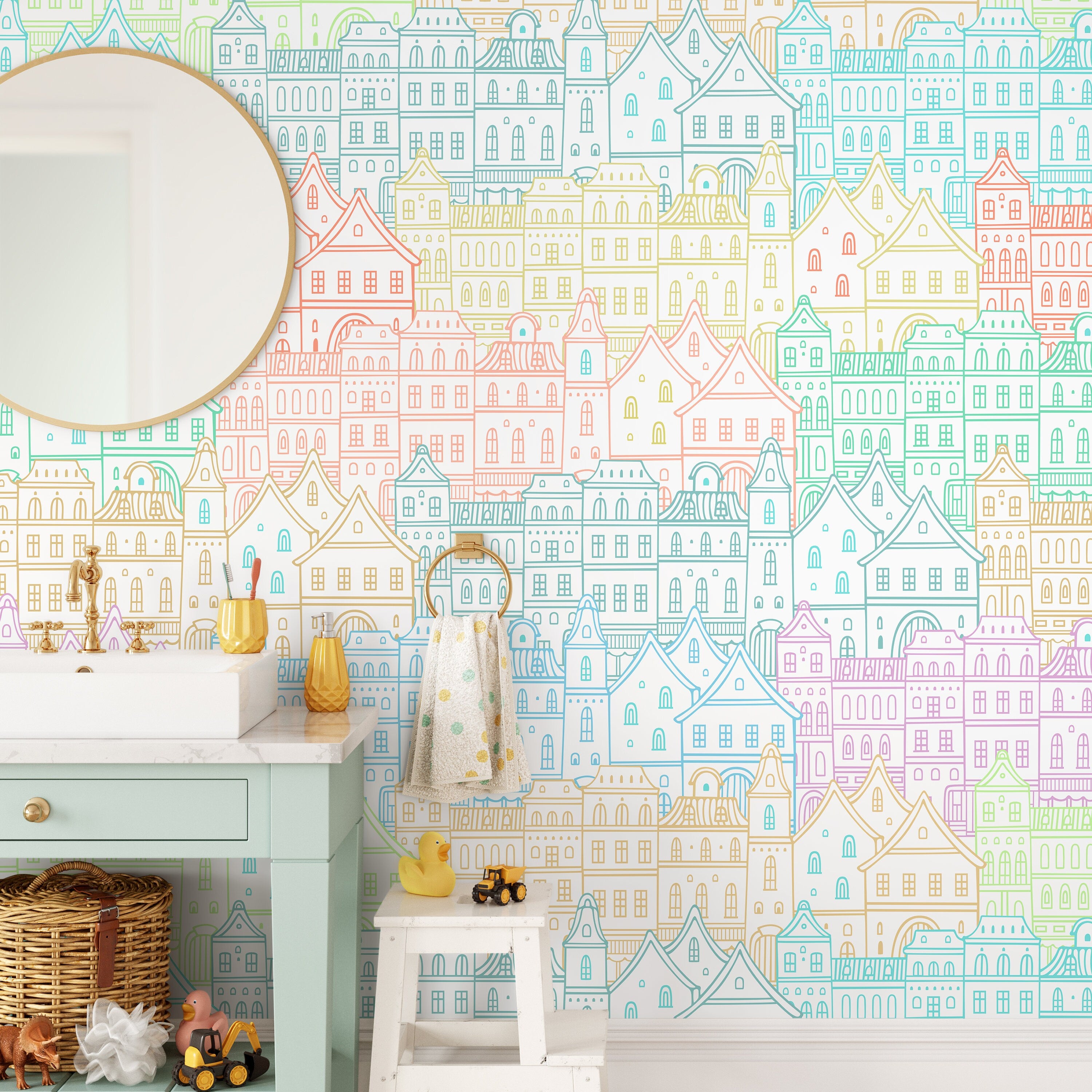 Cityscape Wallpaper With A Whimsical Hand-drawn Town In Blue, Pink, And Green - A743