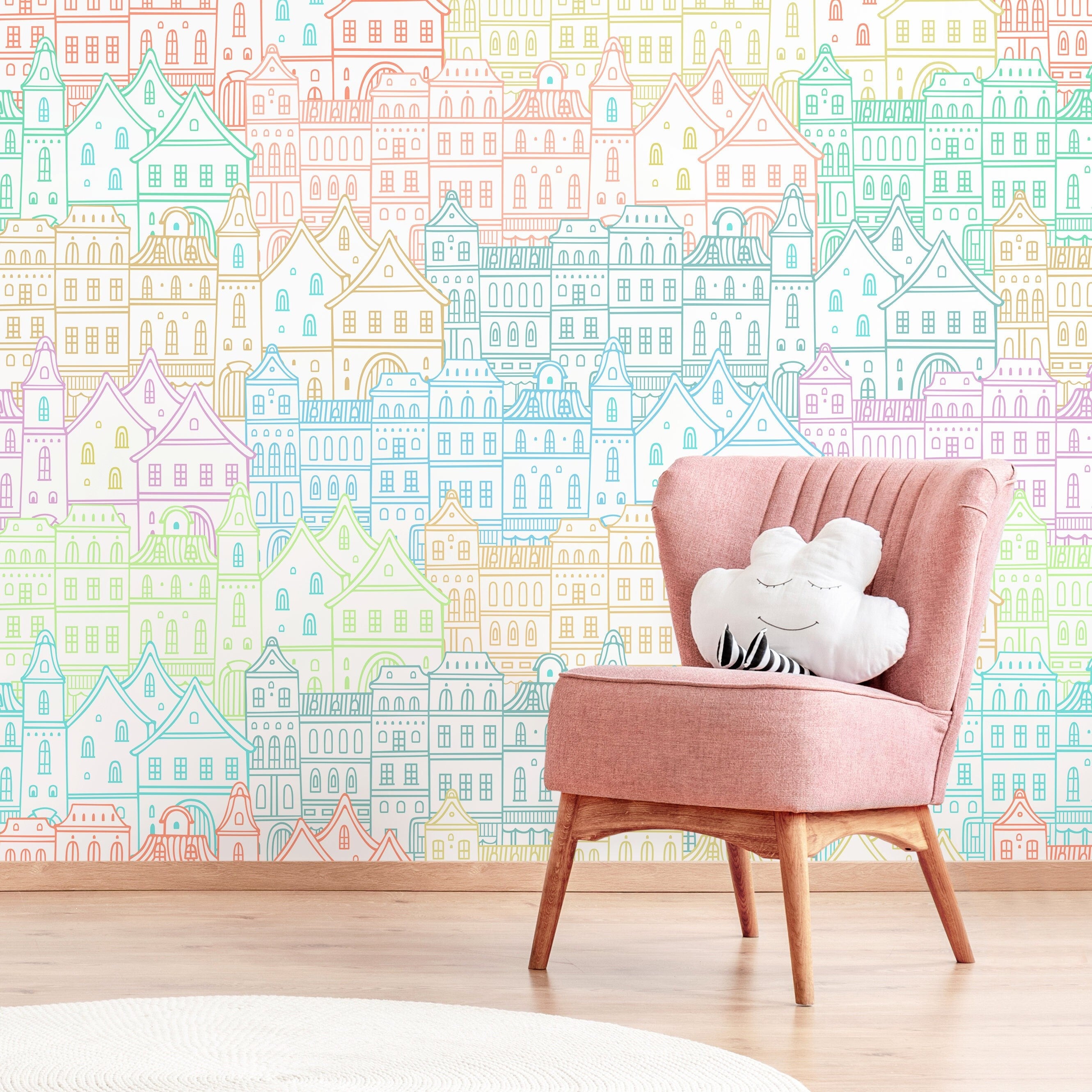 Cityscape Wallpaper With A Whimsical Hand-drawn Town In Blue, Pink, And Green - A743