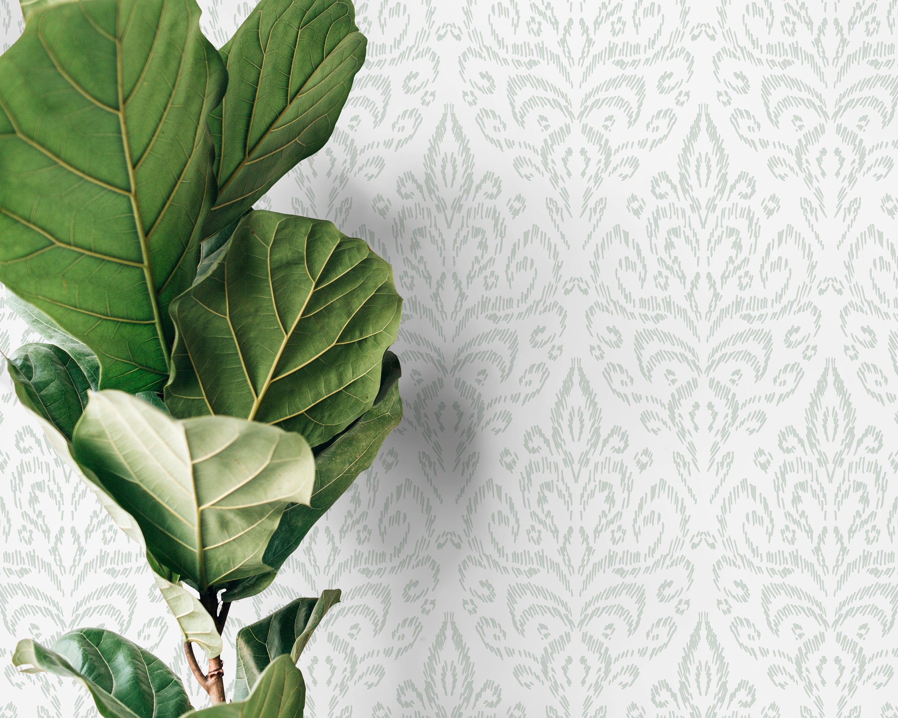 Ikat Wallpaper With A Subtle Damask Motif In Sage Green - D356