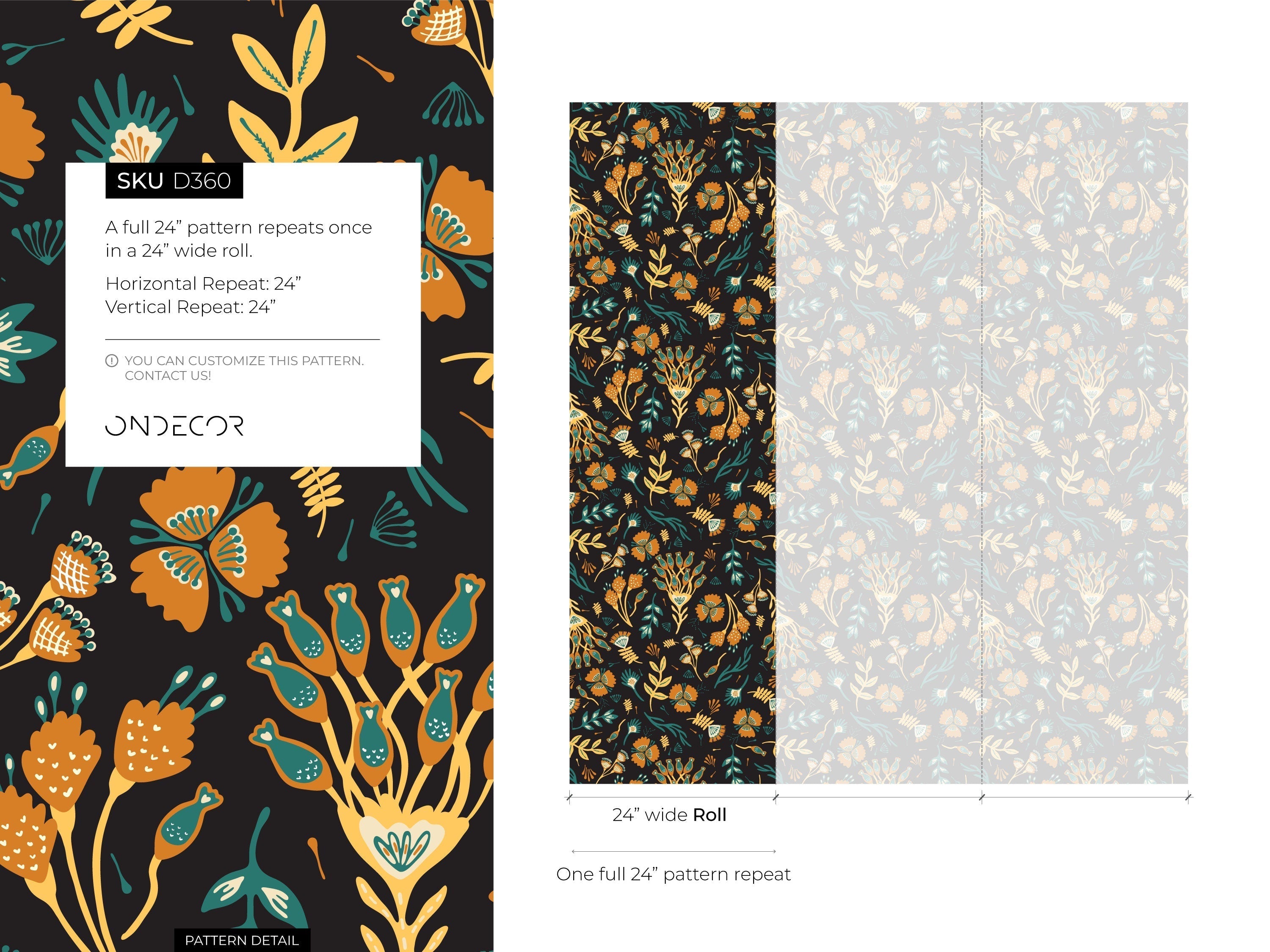 Botanical Wallpaper With A Folk Floral Motif In Yellow, Orange, And Teal - D360