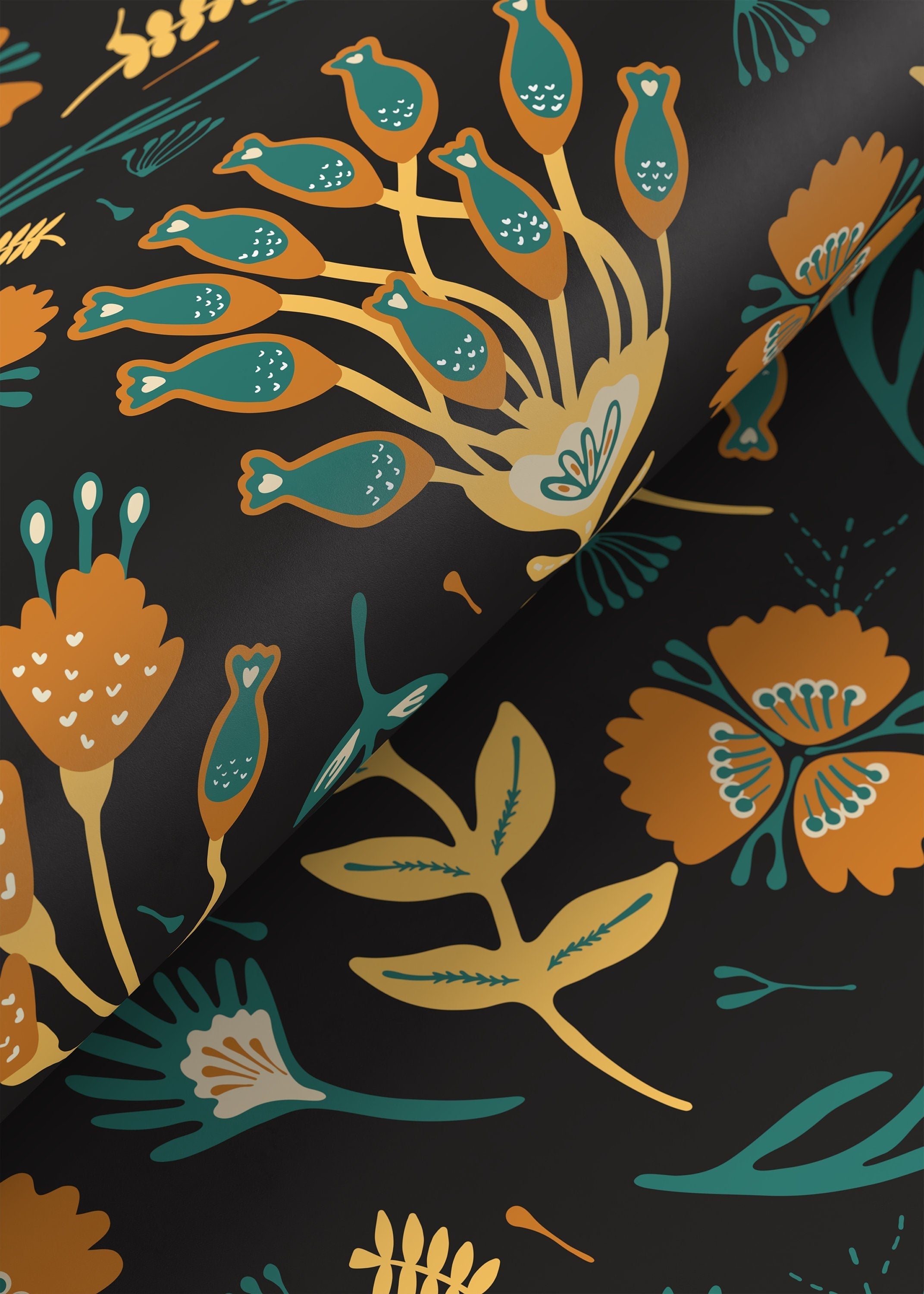 Botanical Wallpaper With A Folk Floral Motif In Yellow, Orange, And Teal - D360