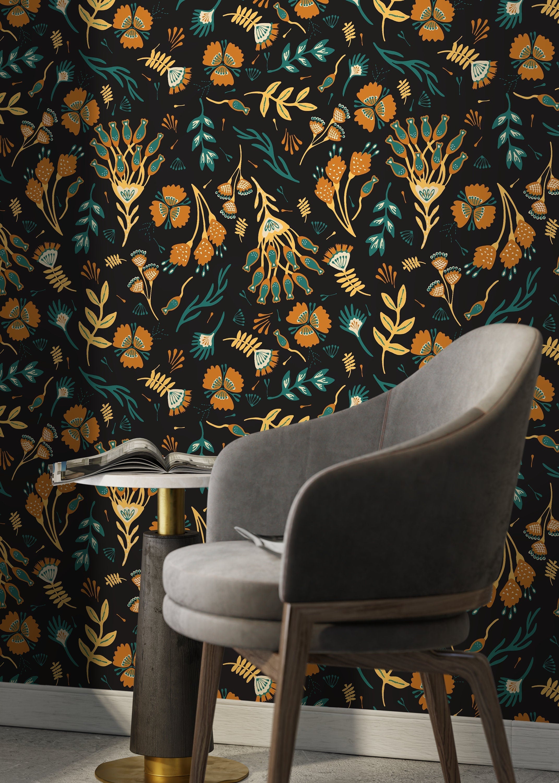 Botanical Wallpaper With A Folk Floral Motif In Yellow, Orange, And Teal - D360