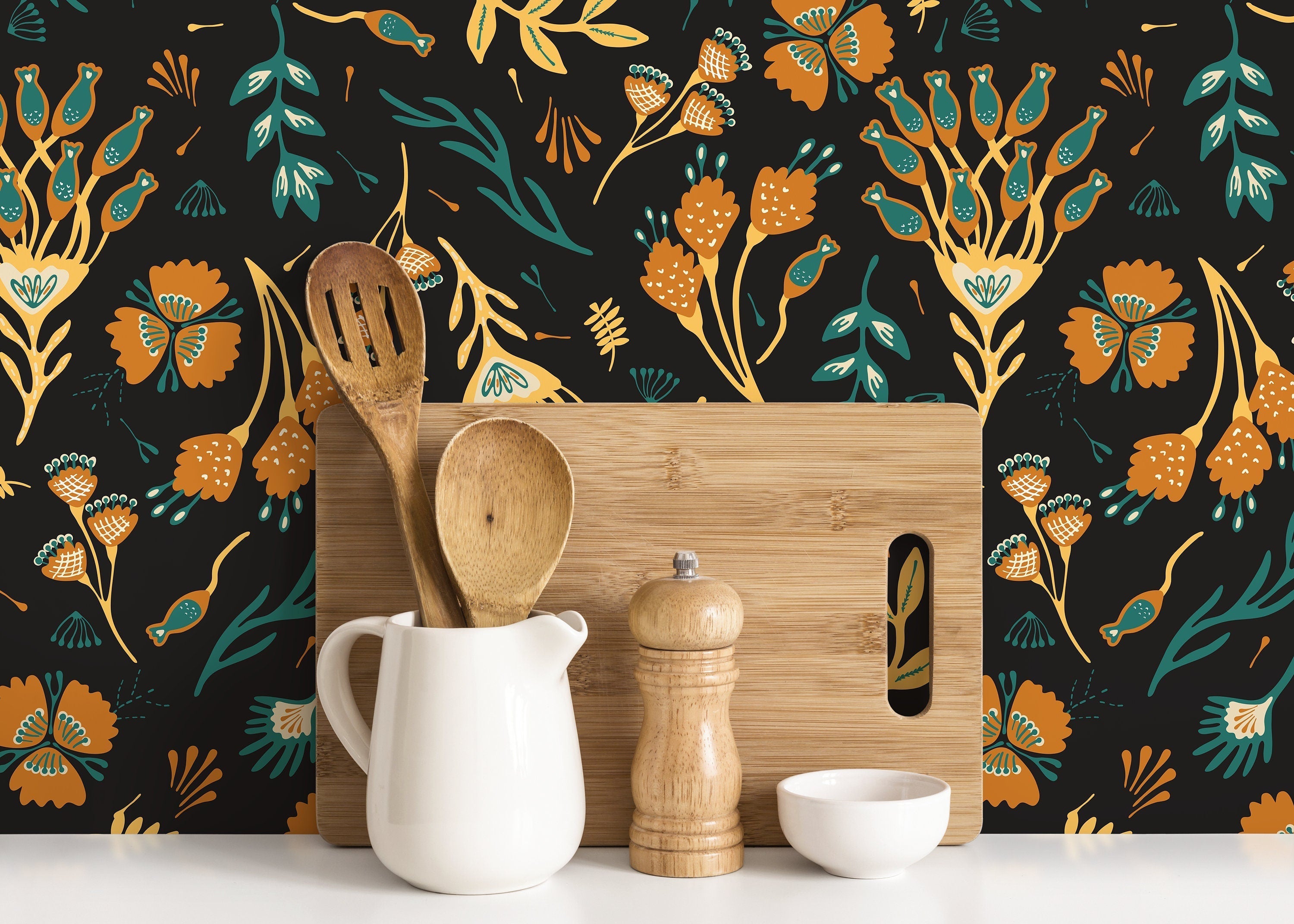 Botanical Wallpaper With A Folk Floral Motif In Yellow, Orange, And Teal - D360