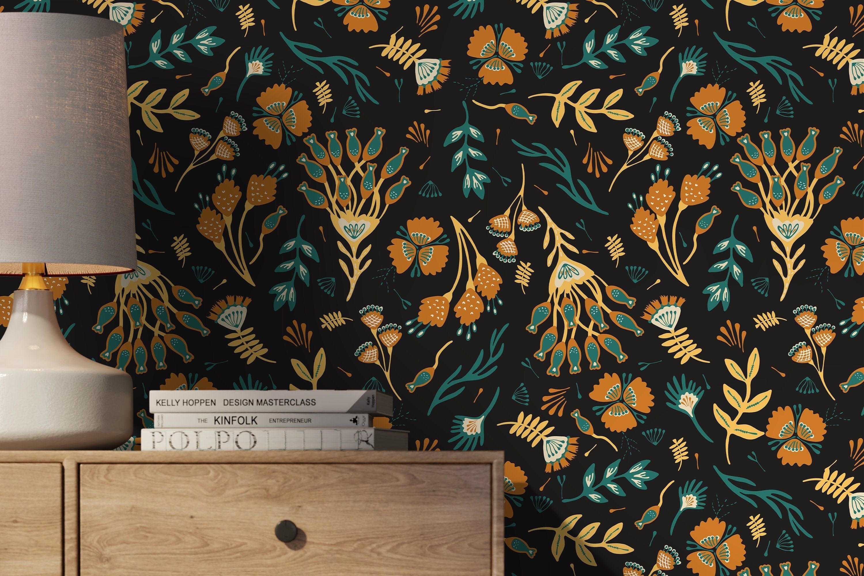 Botanical Wallpaper With A Folk Floral Motif In Yellow, Orange, And Teal - D360