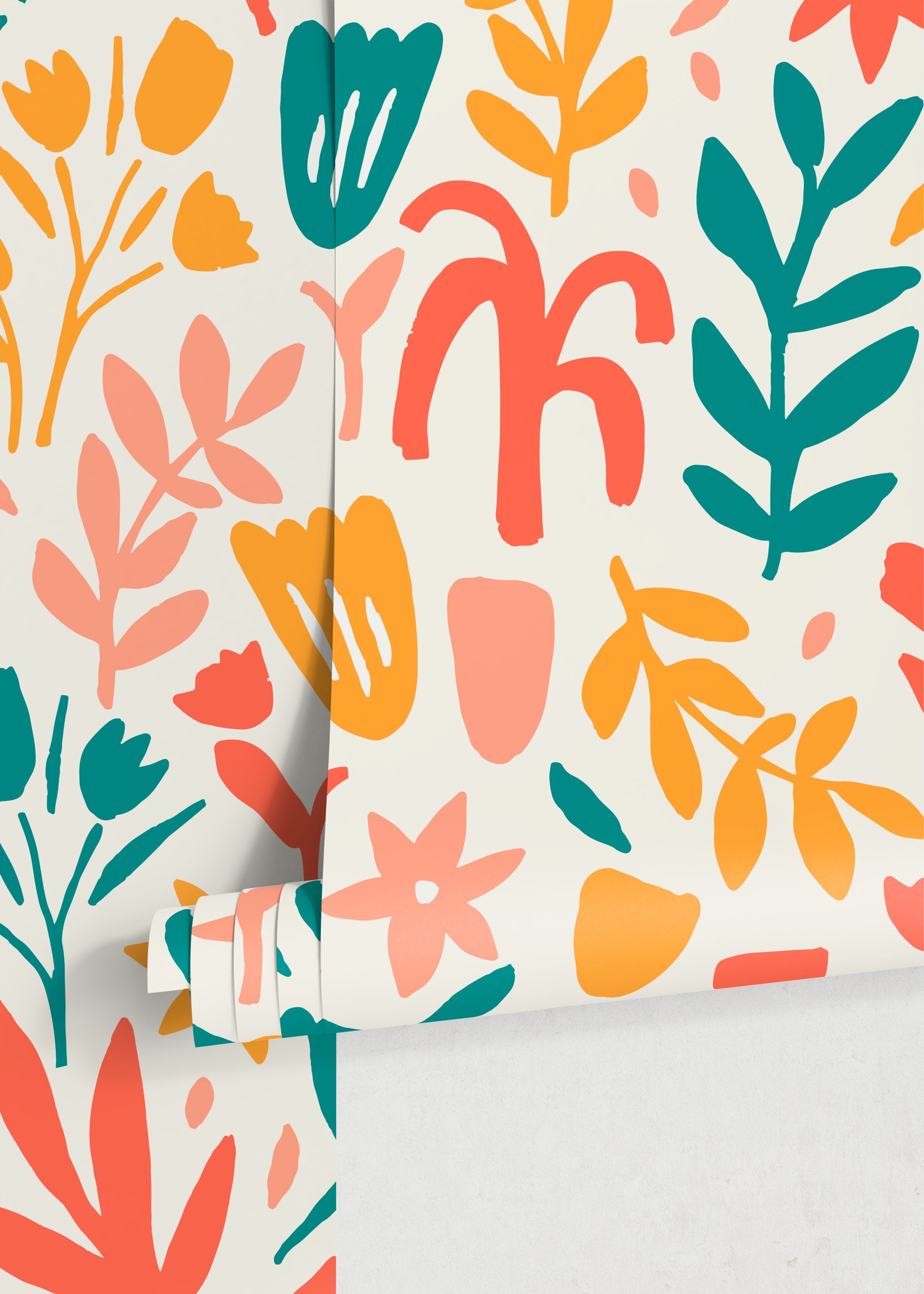Abstract Floral Wallpaper With Botanical Cutouts In Teal, Coral, And Yellow - D371