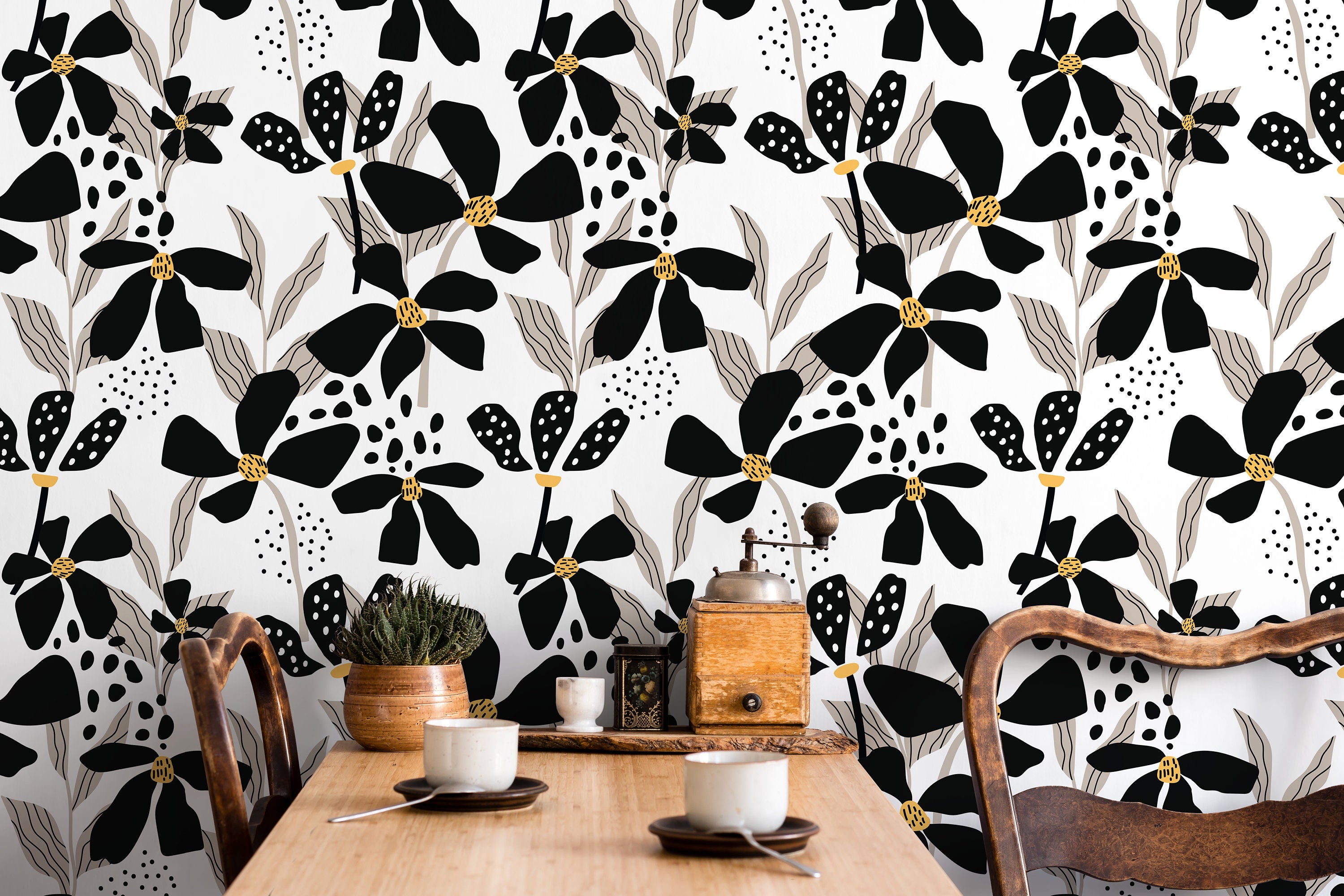 Floral Wallpaper With Abstract Flowers In Black, Taupe, And Yellow - D373