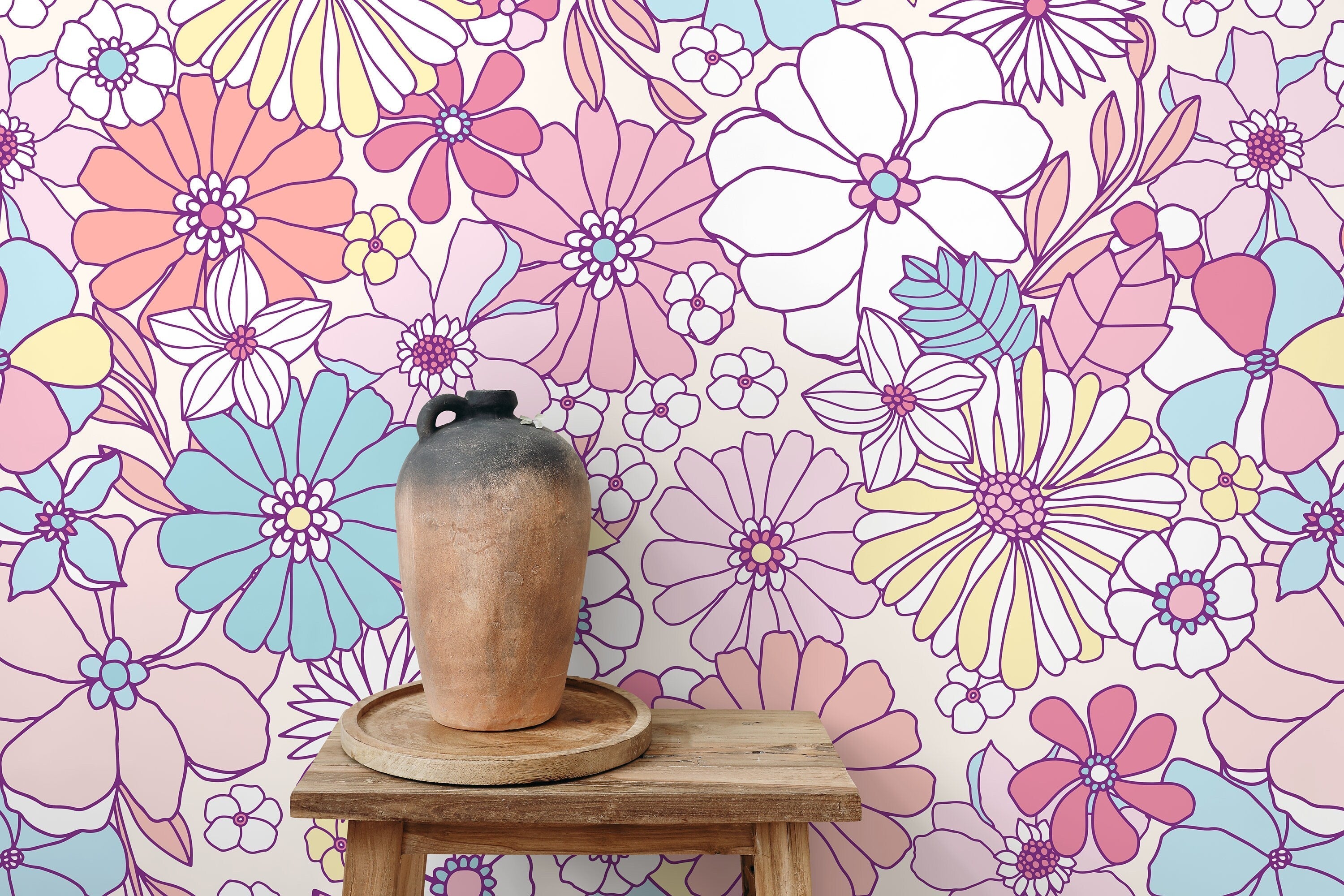 Retro Wallpaper With Groovy Flowers In Pink, Blue, And Yellow - D375