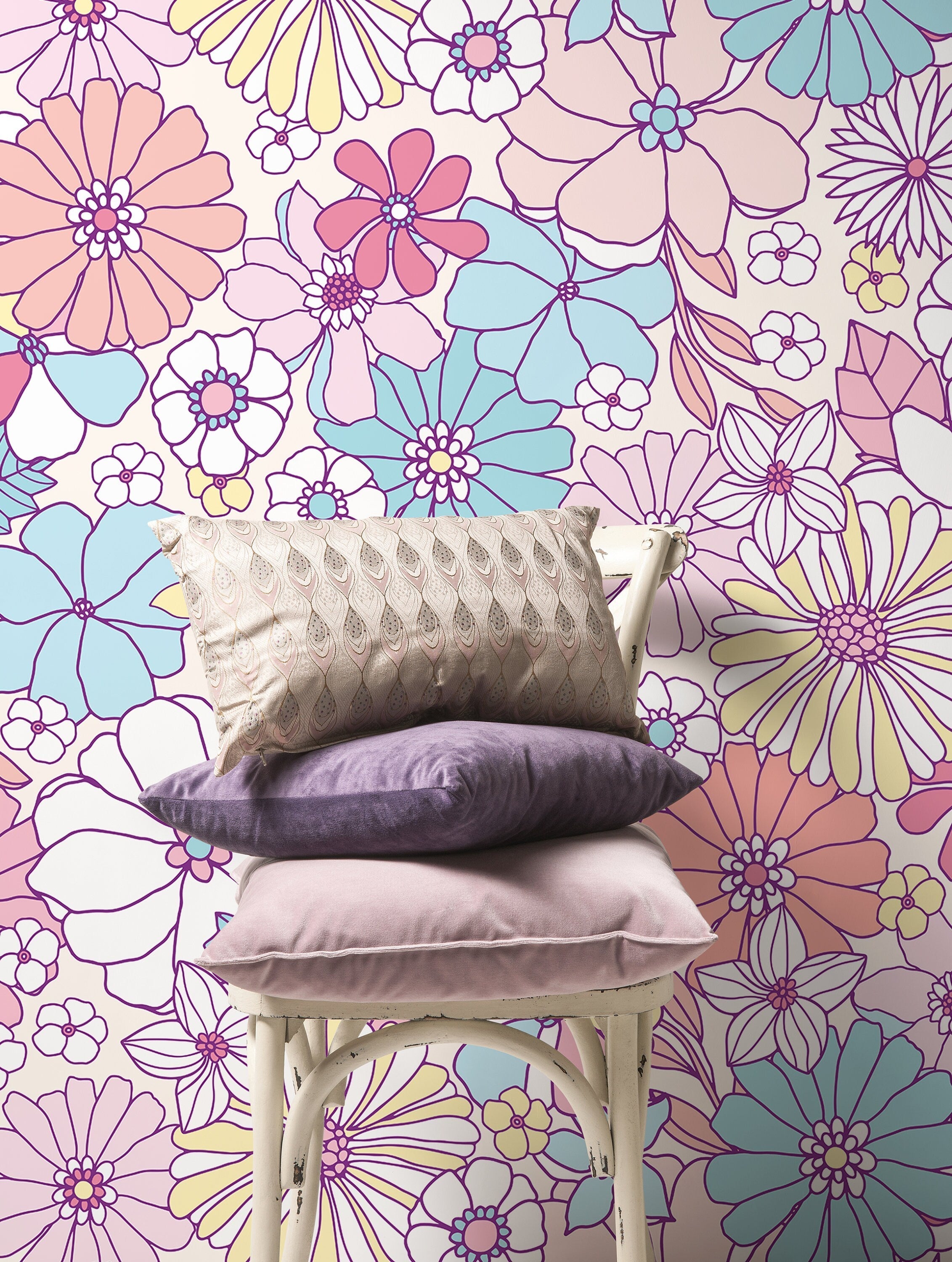Retro Wallpaper With Groovy Flowers In Pink, Blue, And Yellow - D375