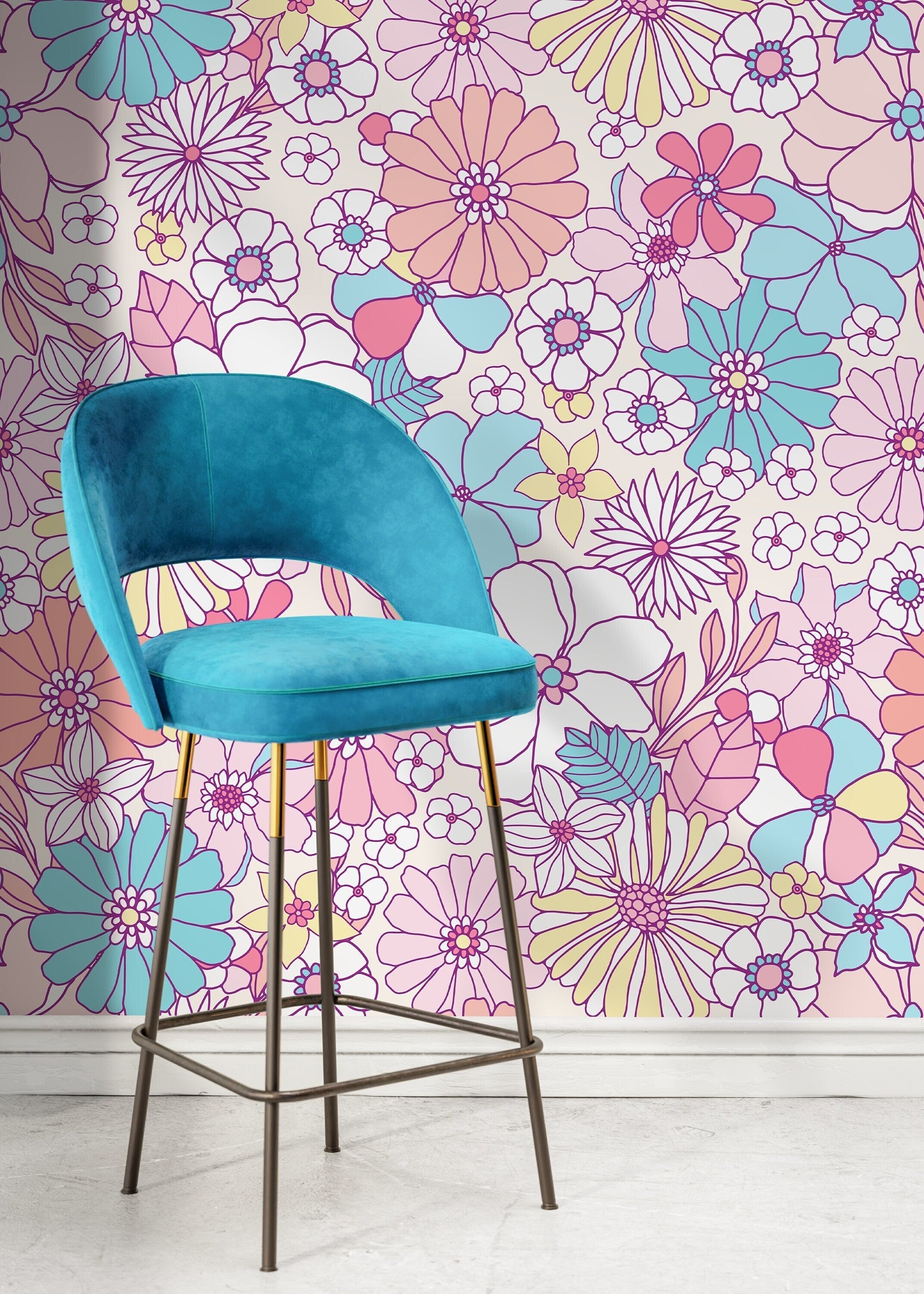 Retro Wallpaper With Groovy Flowers In Pink, Blue, And Yellow - D375
