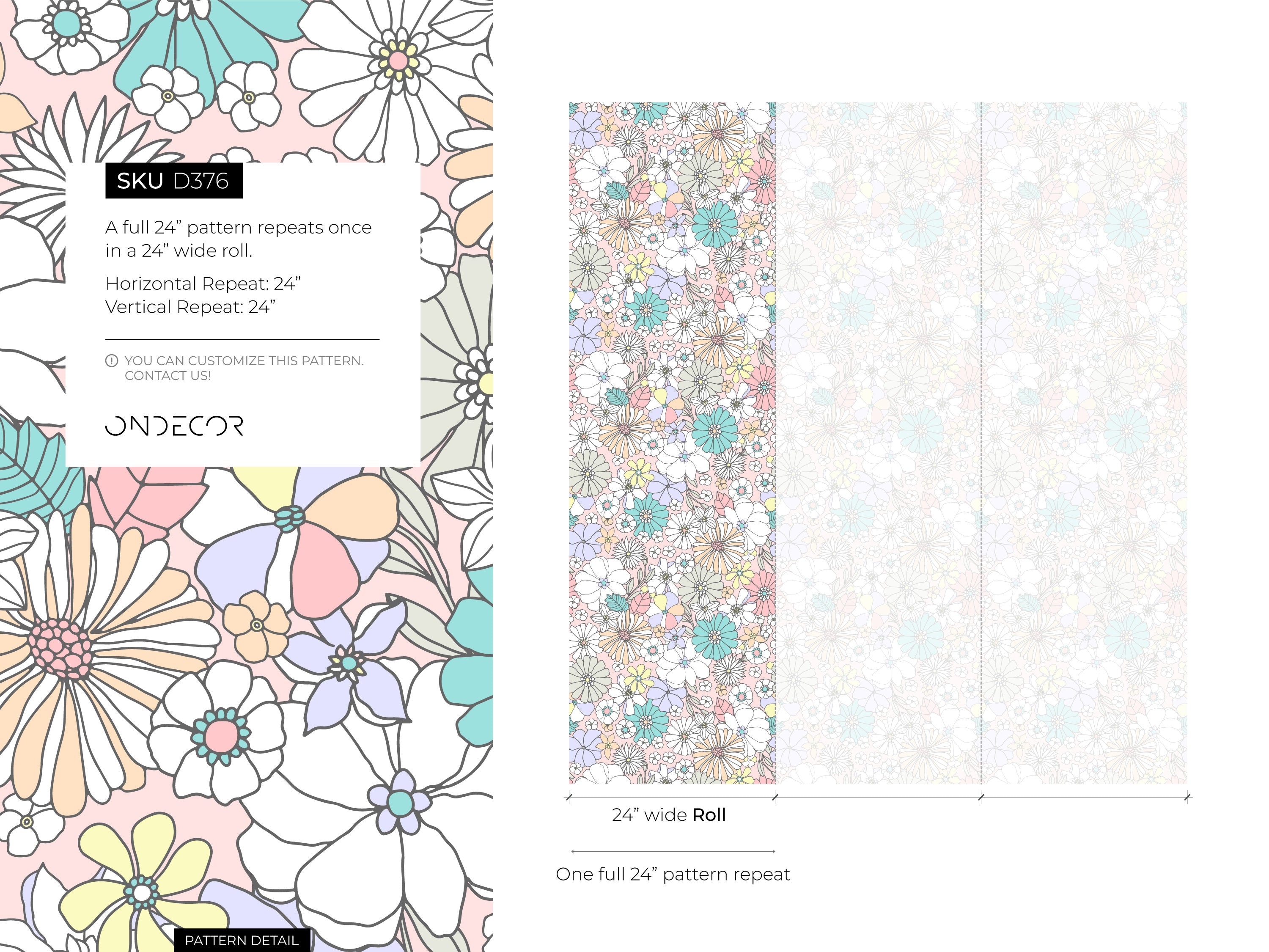 Floral Wallpaper With A Groovy Retro Print In Pink, Teal, And Yellow - D376