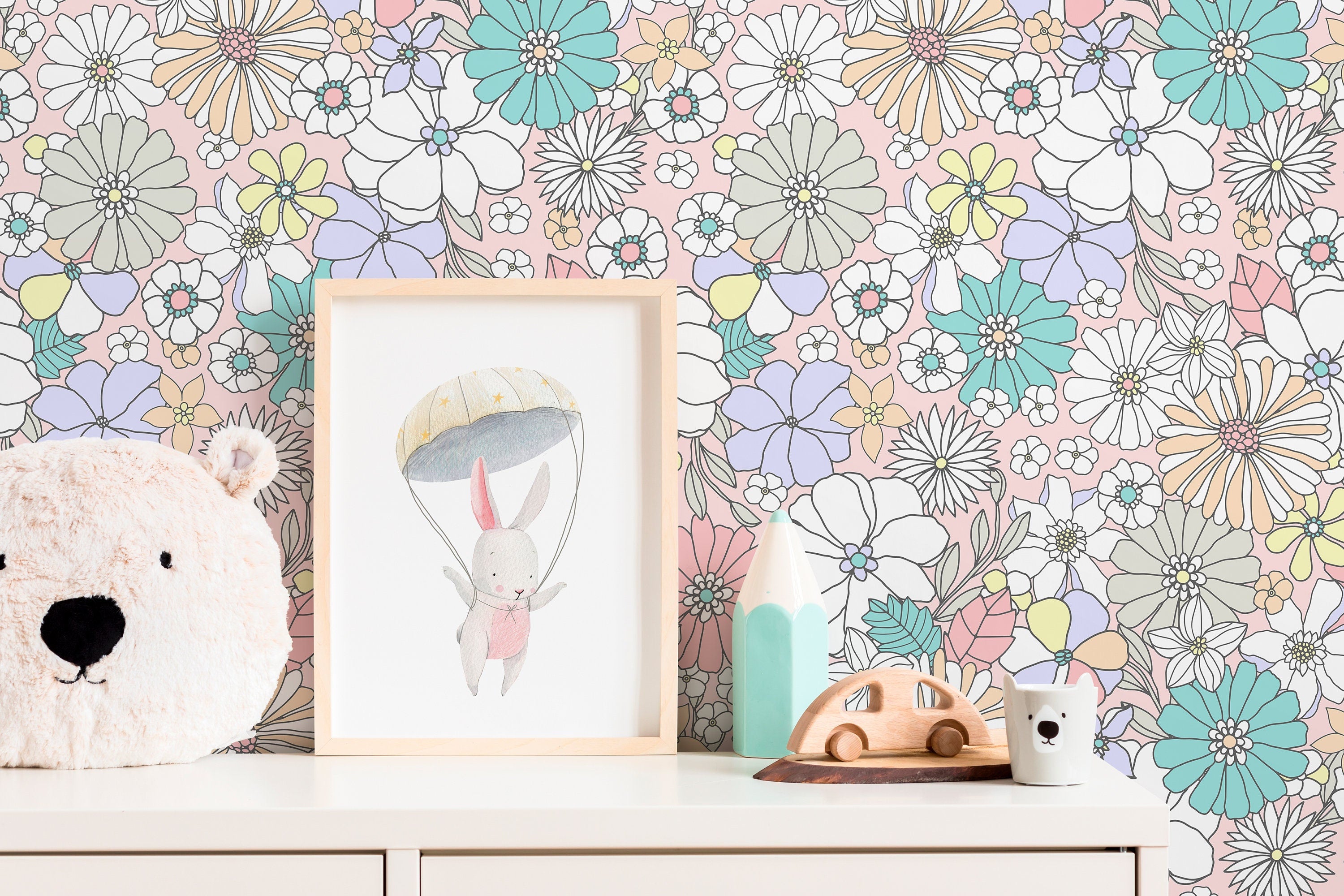 Floral Wallpaper With A Groovy Retro Print In Pink, Teal, And Yellow - D376