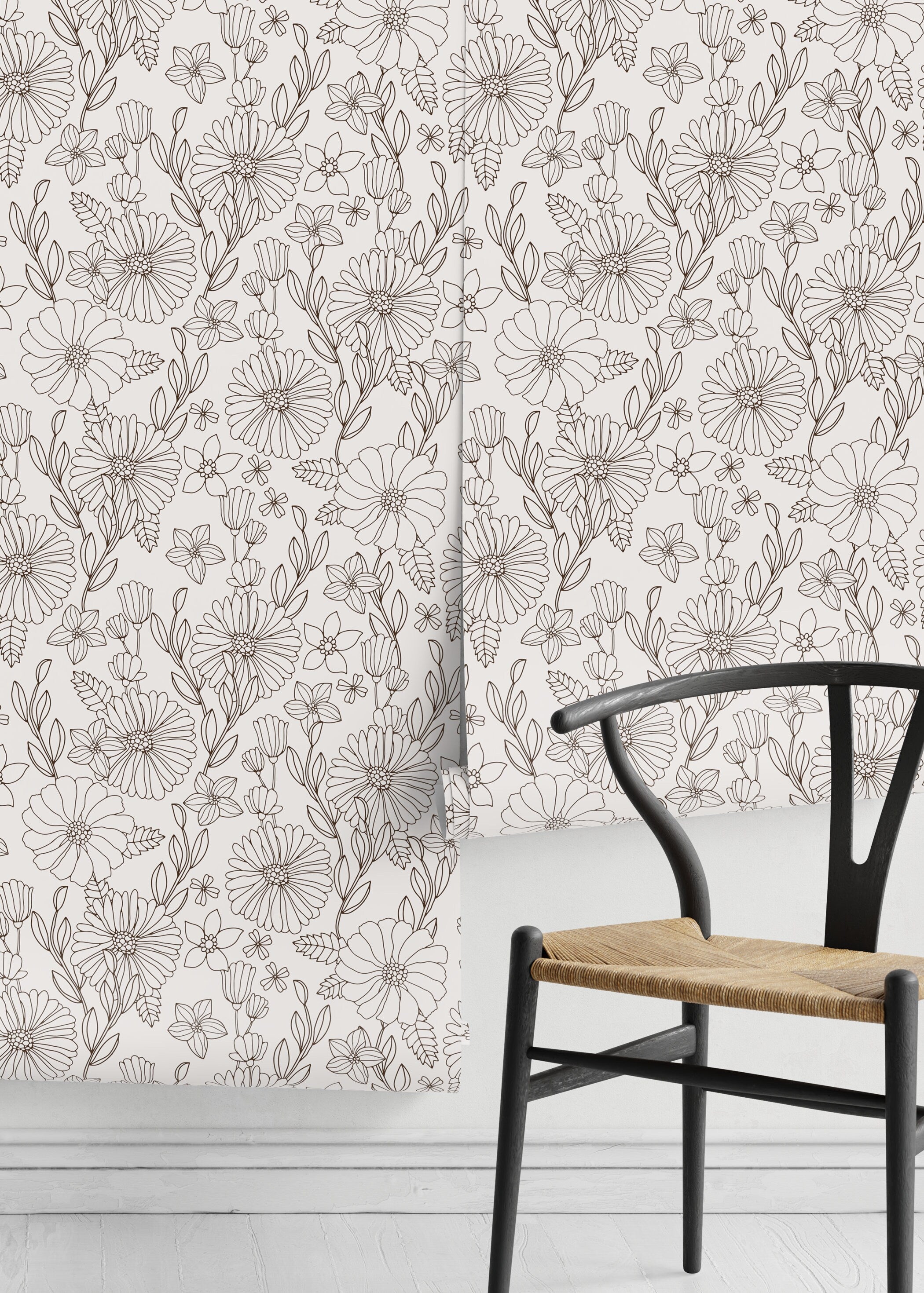 Floral Wallpaper With A Line Art Botanical Motif In Dark Brown - D378