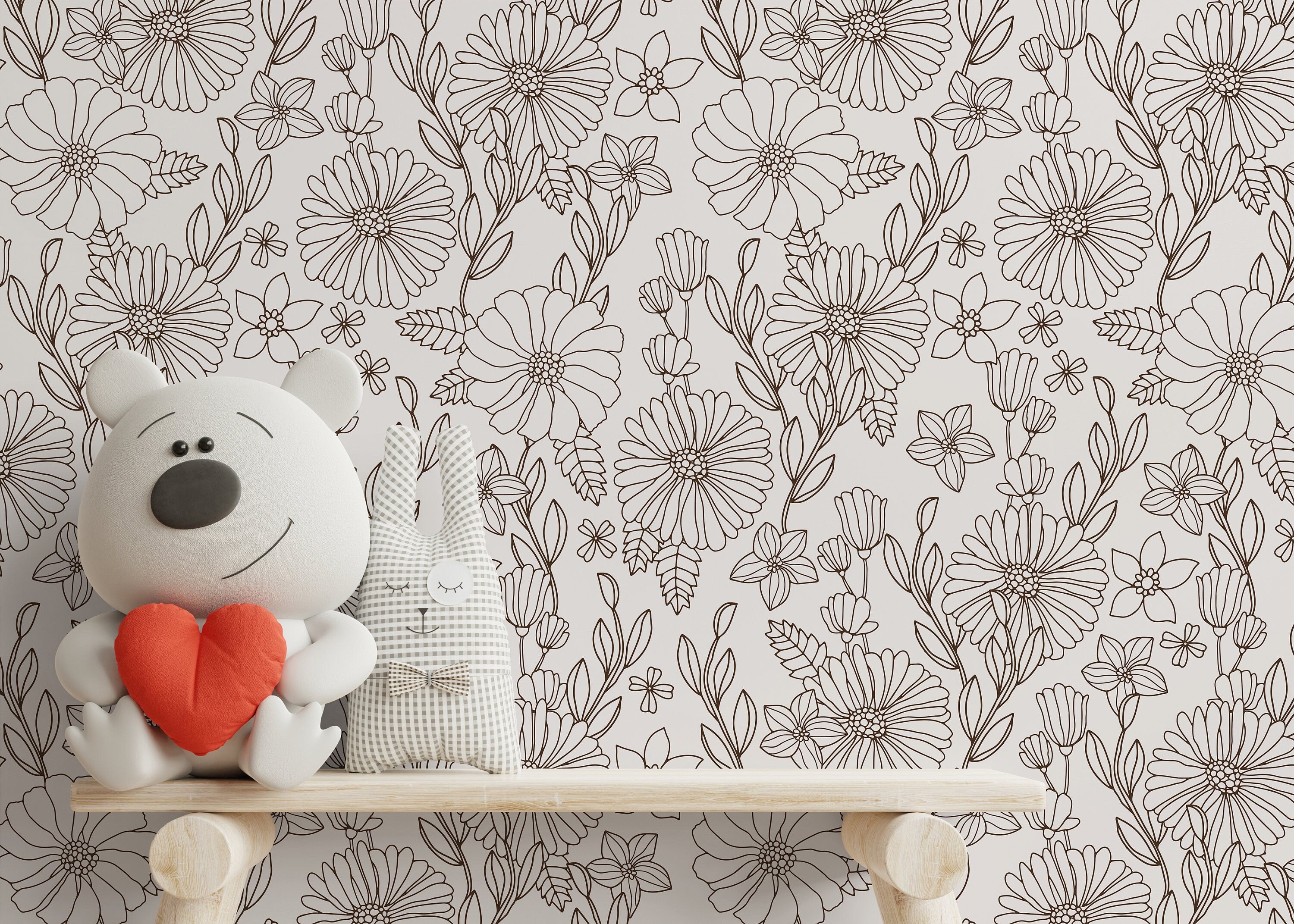 Floral Wallpaper With A Line Art Botanical Motif In Dark Brown - D378