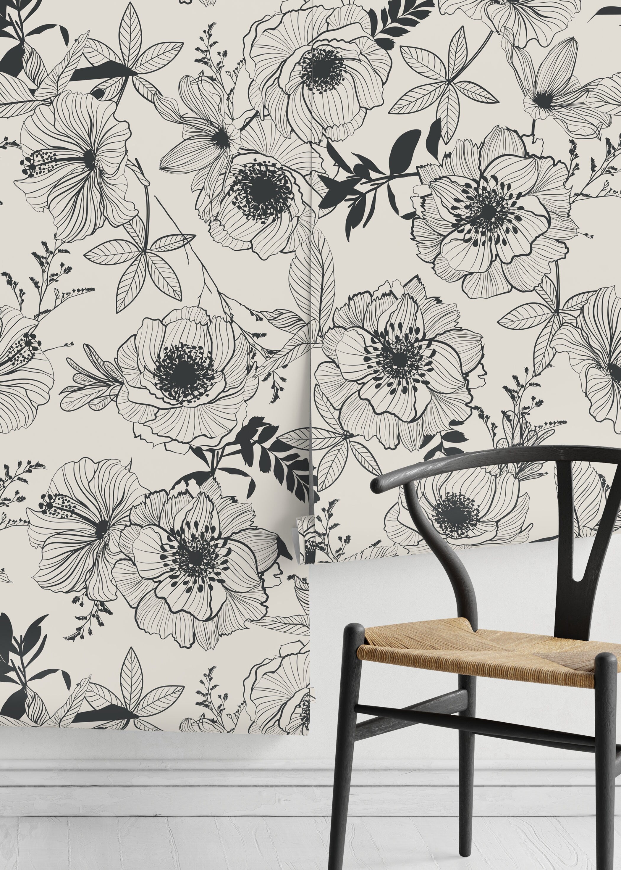 Floral Wallpaper Featuring Botanical Line Art In Black And Cream - D476