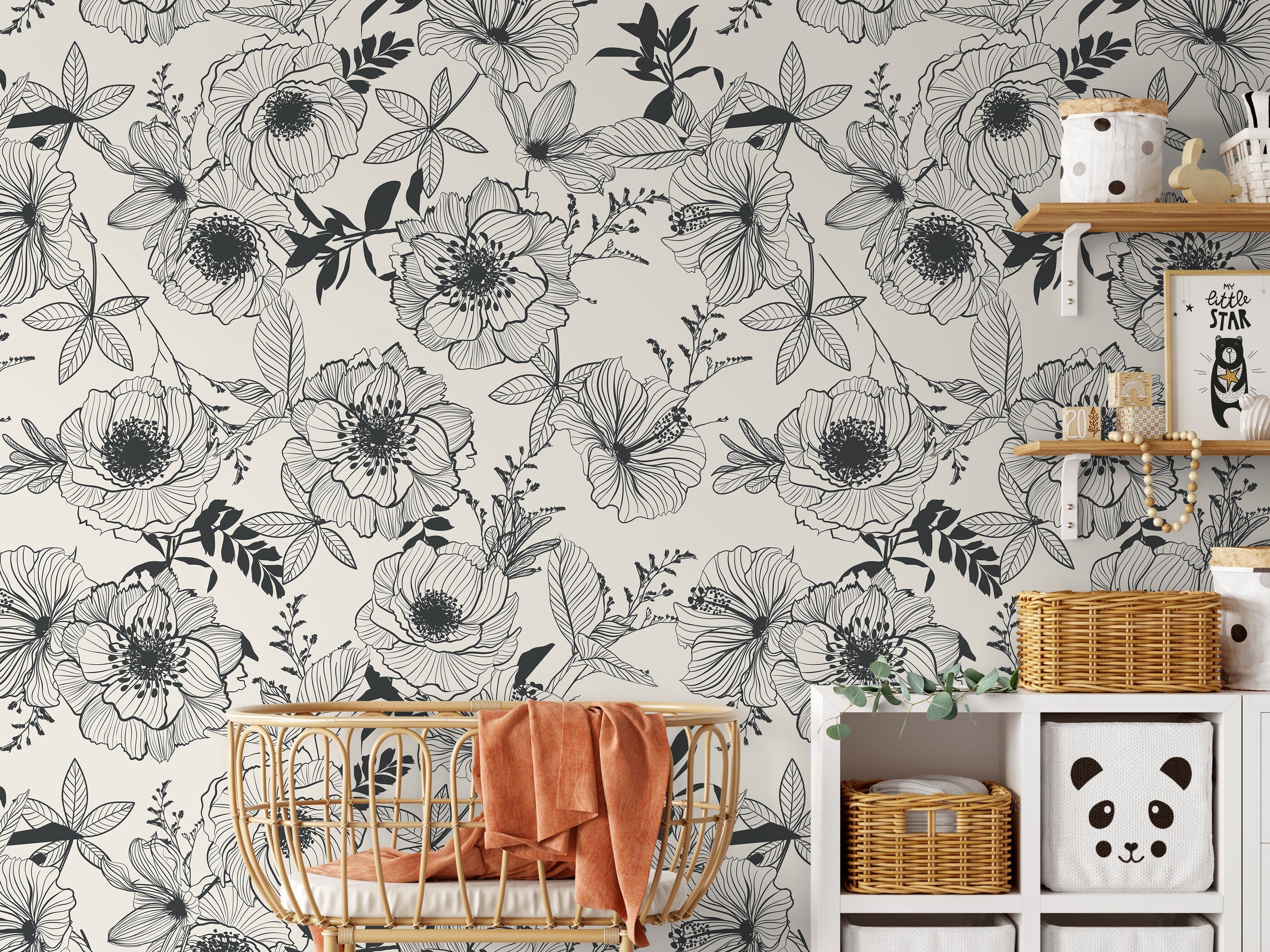 Floral Wallpaper Featuring Botanical Line Art In Black And Cream - D476