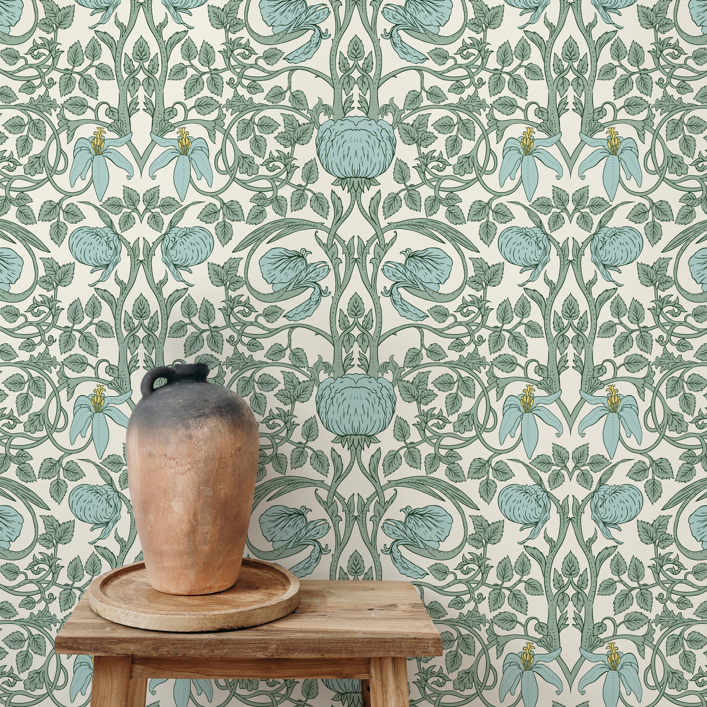 Art Nouveau Wallpaper With Elegant Floral Vines In Green And Blue - D479