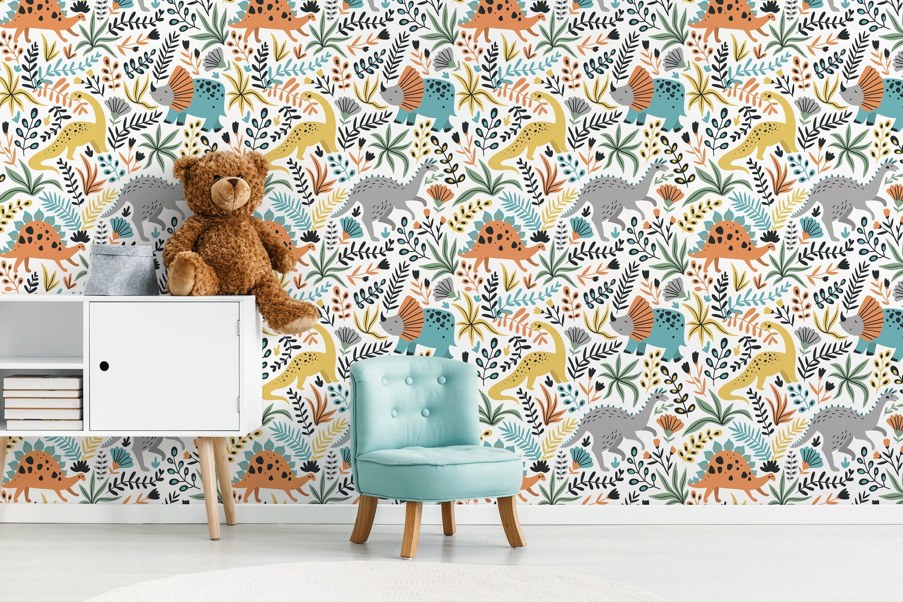 Dinosaur Wallpaper With Botanical Accents In Orange, Teal, And Yellow - D483