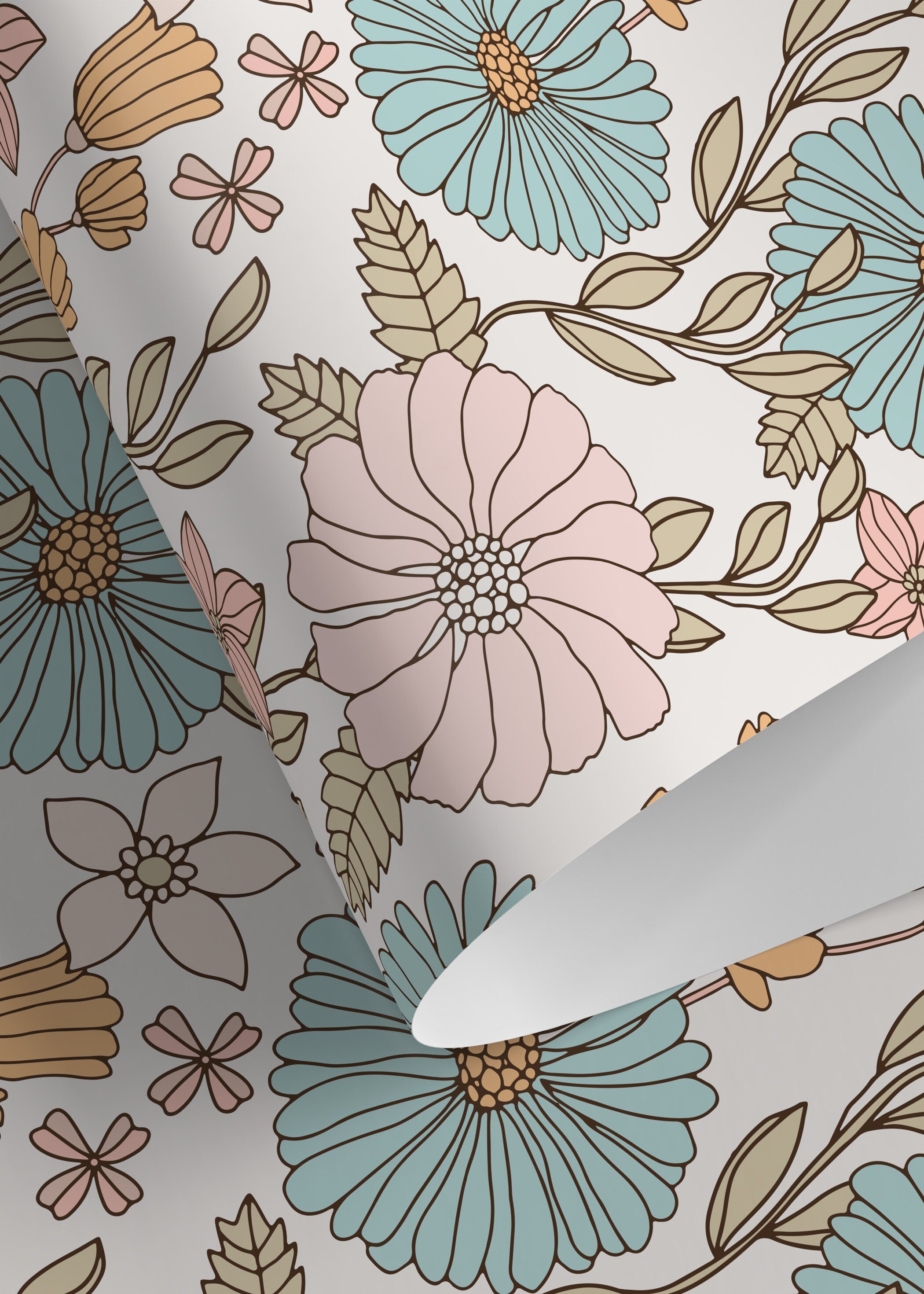 Retro Floral Wallpaper With A Groovy 70s Motif In Blue, Pink, And Orange - D379