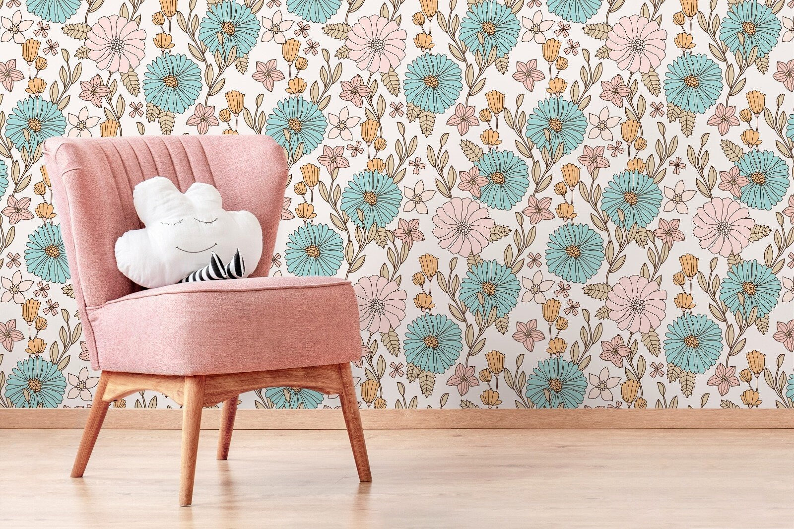 Retro Floral Wallpaper With A Groovy 70s Motif In Blue, Pink, And Orange - D379