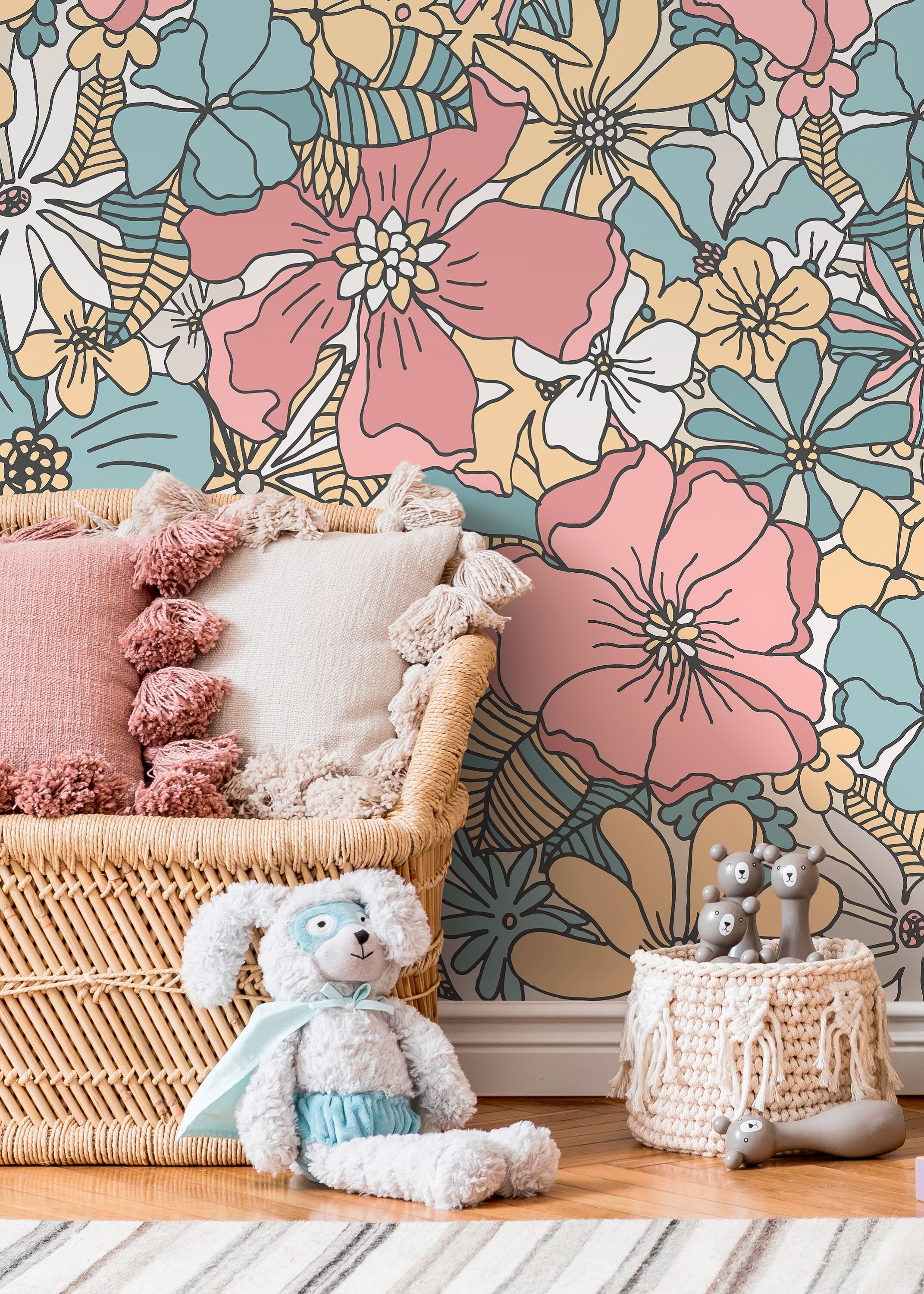 Retro Floral Wallpaper With A Groovy Flower Motif In Pink, Blue, And Yellow - D382