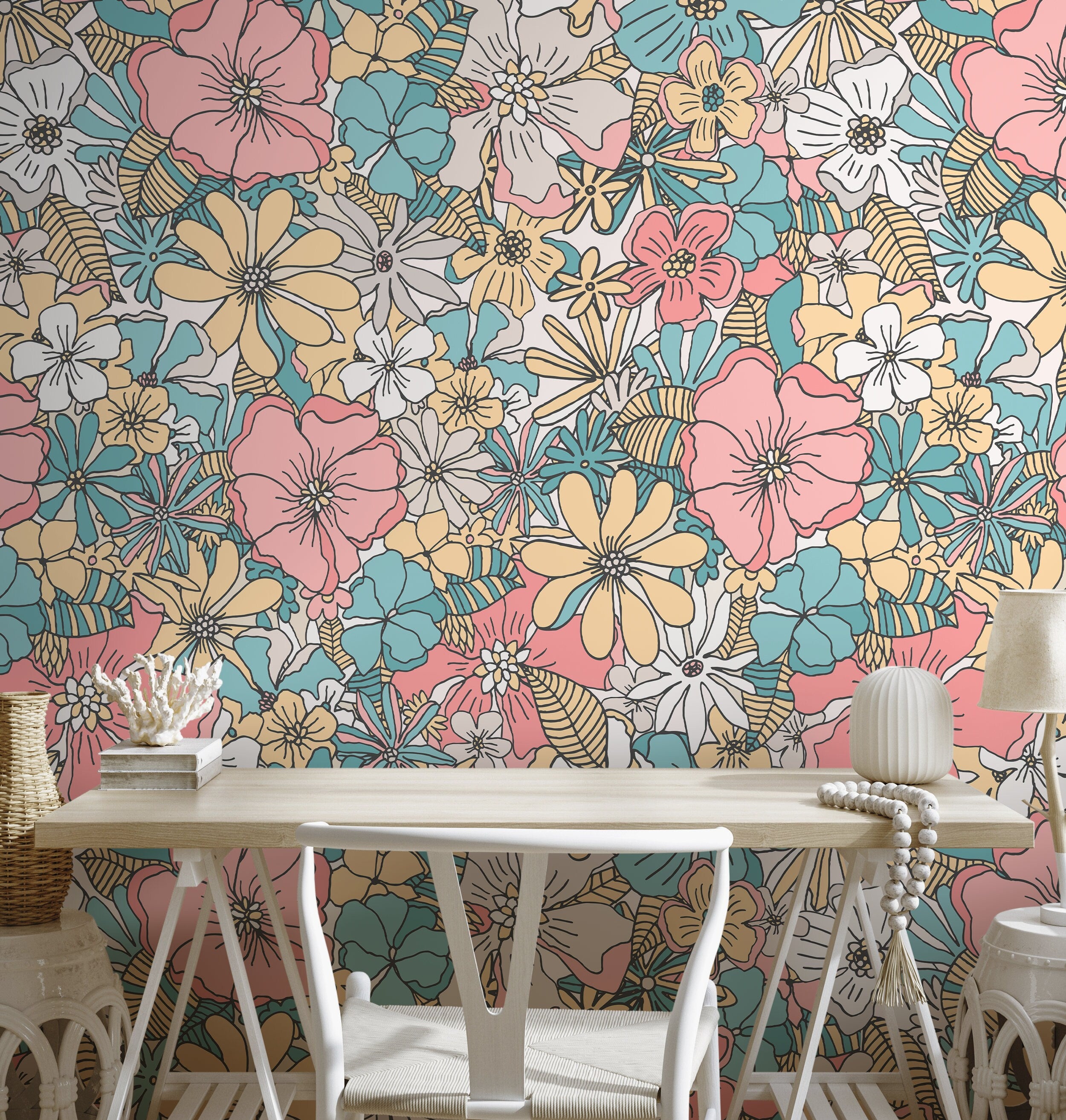 Retro Floral Wallpaper With A Groovy Flower Motif In Pink, Blue, And Yellow - D382