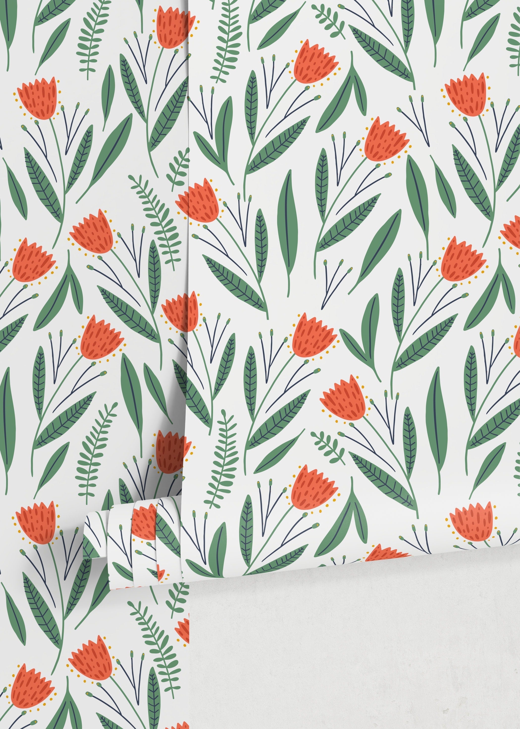 Floral Wallpaper With Stylized Tulips And Leaves In Orange And Green - D387
