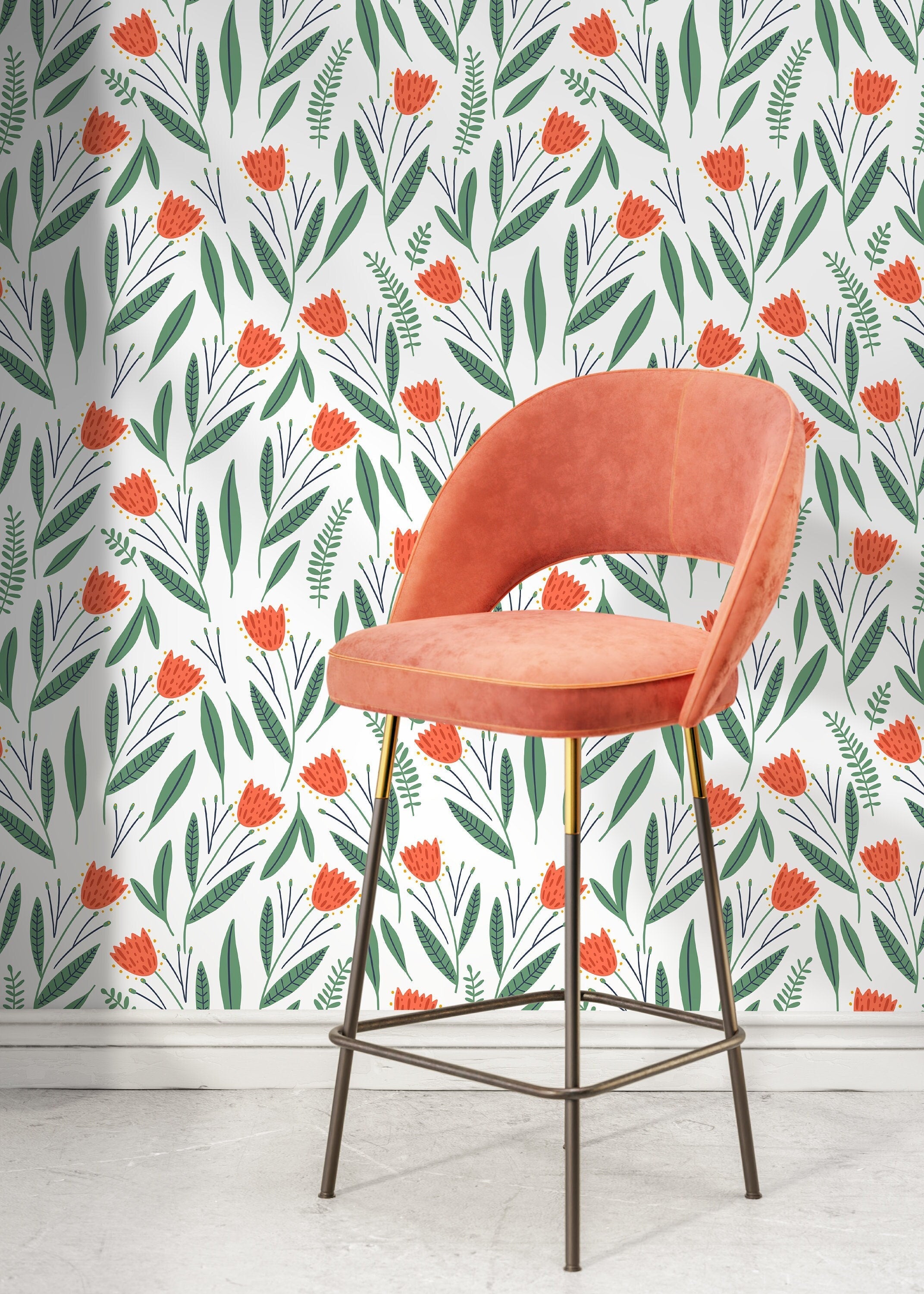 Floral Wallpaper With Stylized Tulips And Leaves In Orange And Green - D387
