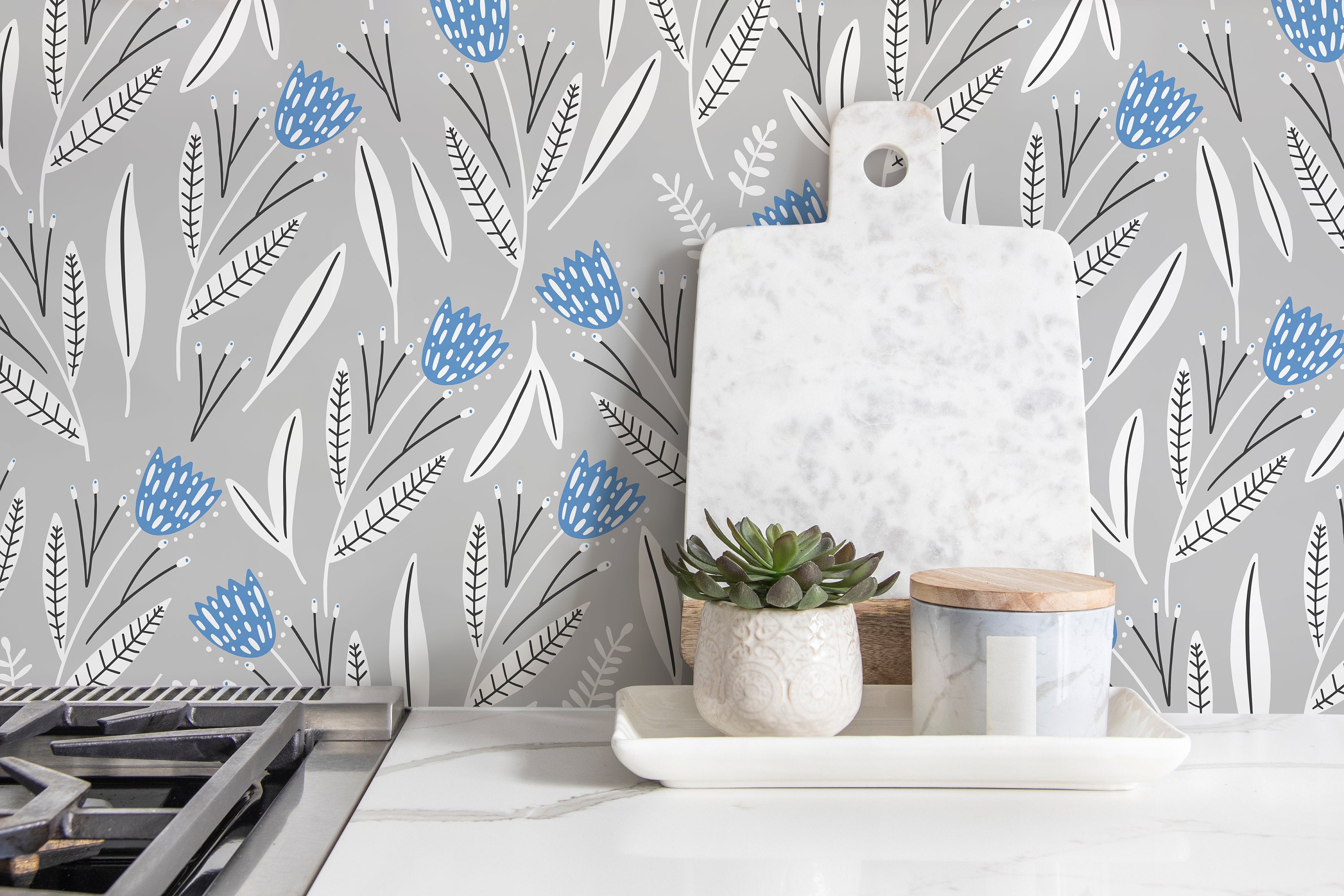 Floral Wallpaper With Stylized Bell Flowers In Blue, Gray, And White - D388