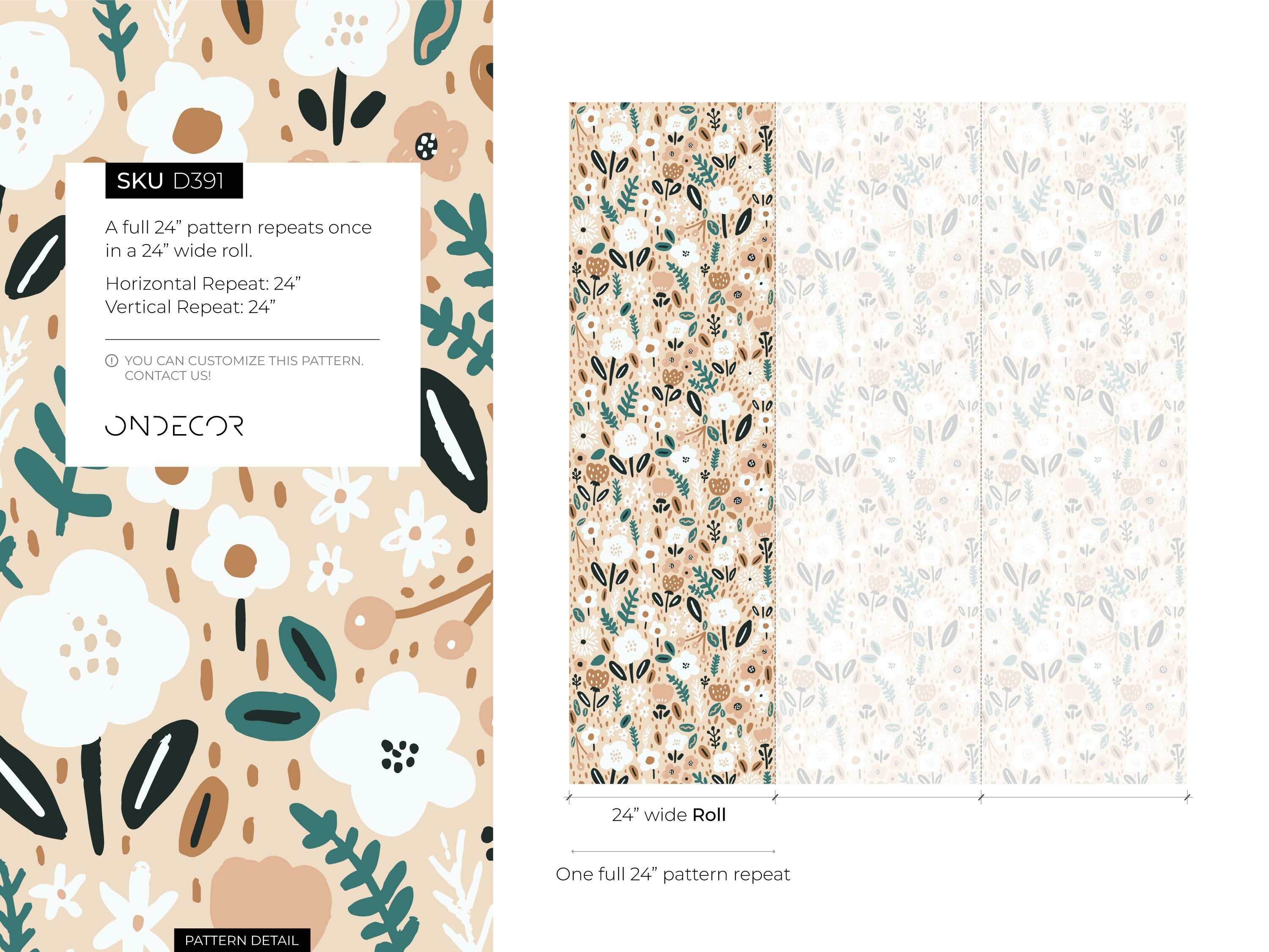 Floral Wallpaper With Stylized Blooms In Teal, Brown, And White - D391