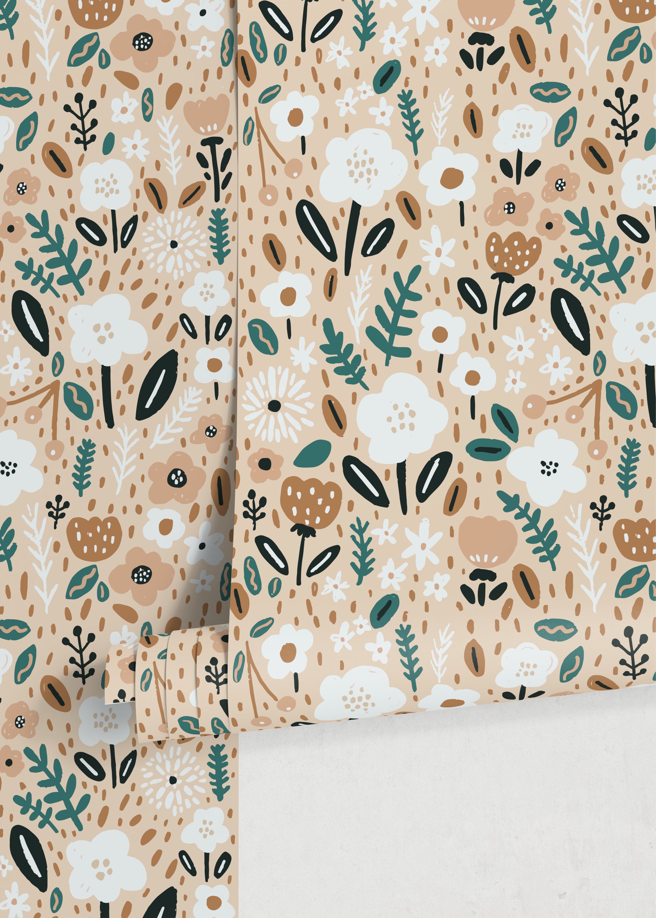 Floral Wallpaper With Stylized Blooms In Teal, Brown, And White - D391