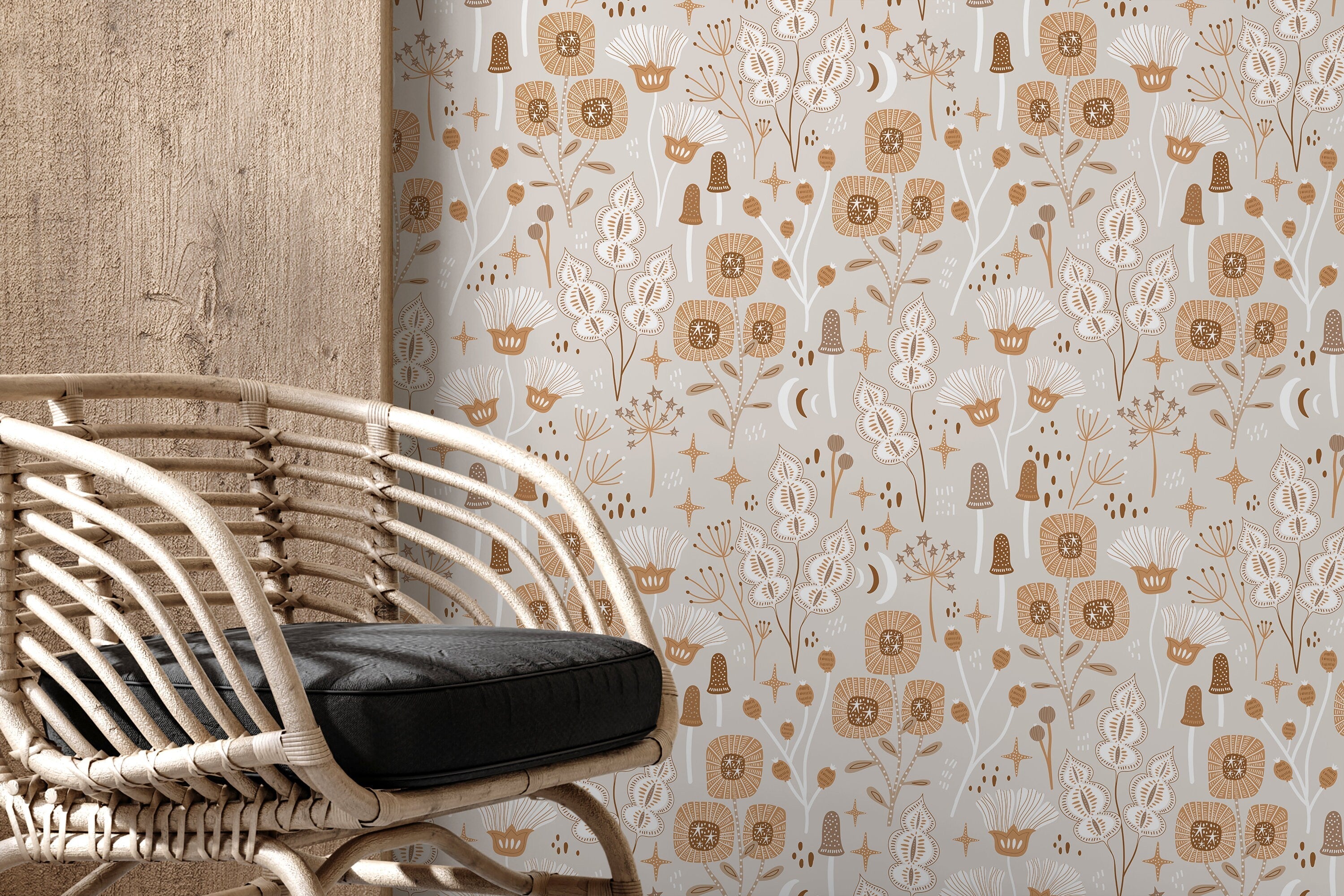 Floral Wallpaper With A Whimsical Woodland Motif In Brown, Tan, And White - D394