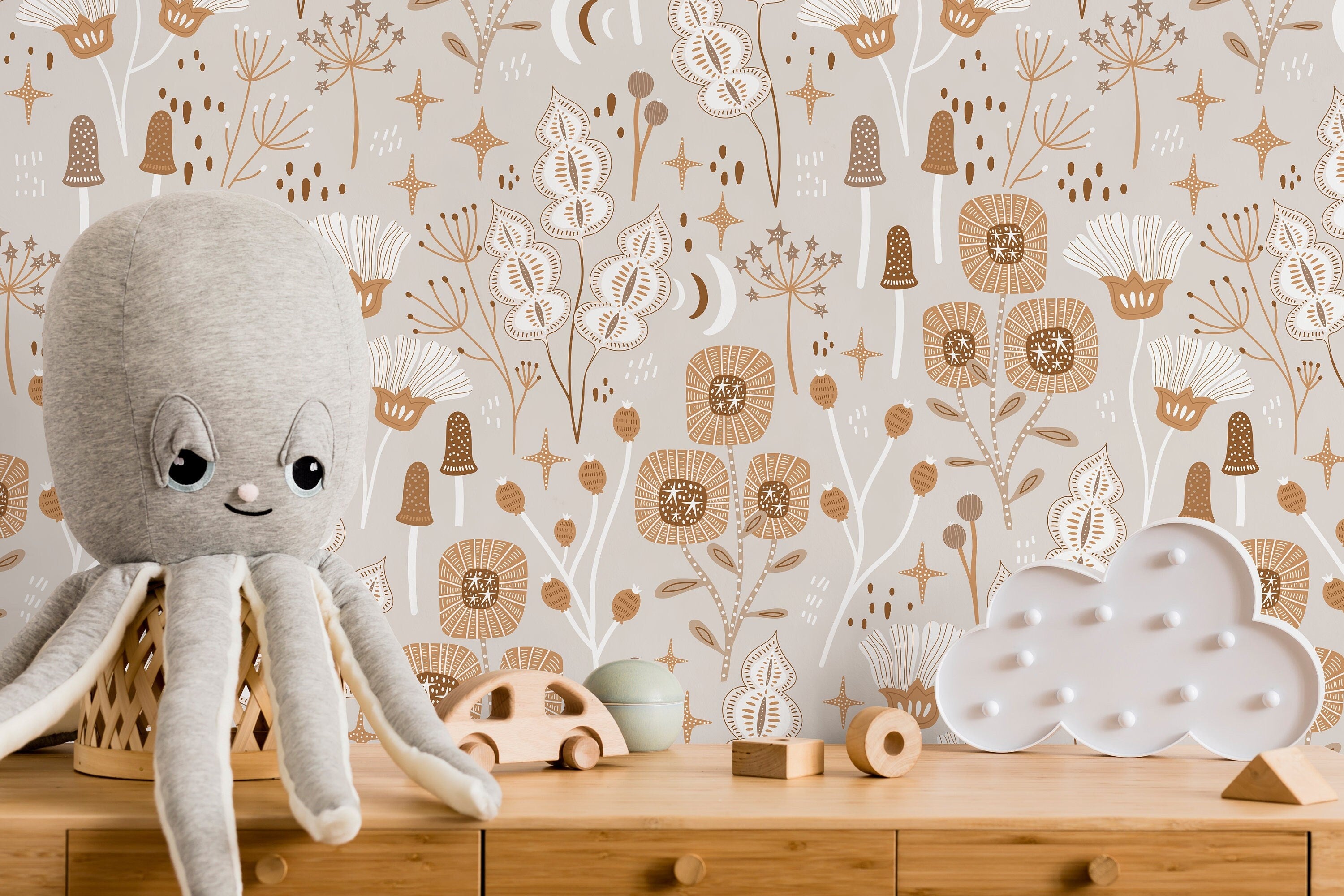 Floral Wallpaper With A Whimsical Woodland Motif In Brown, Tan, And White - D394