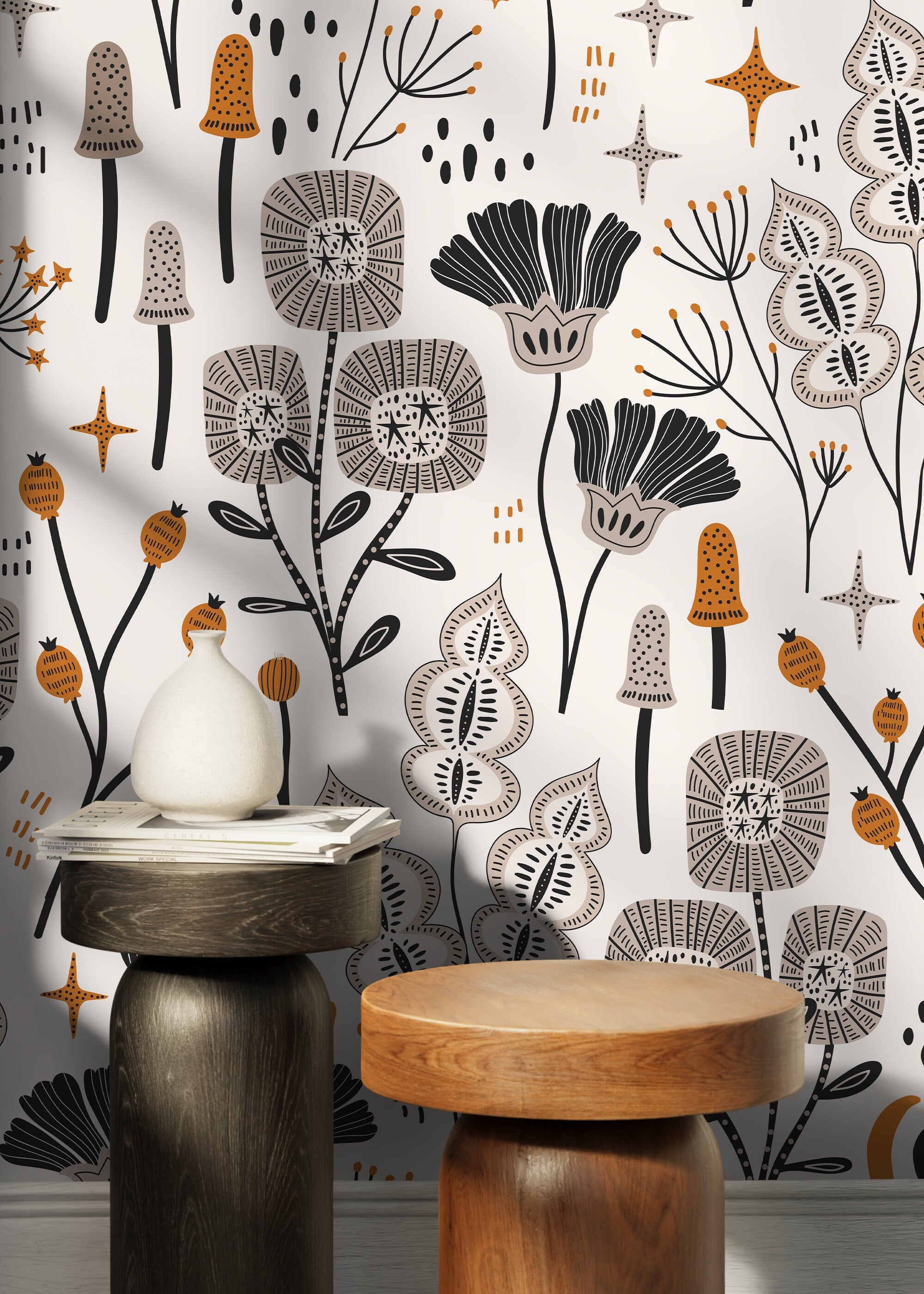 Botanical Wallpaper With Stylized Flowers In Black, Ochre, And Taupe - D395
